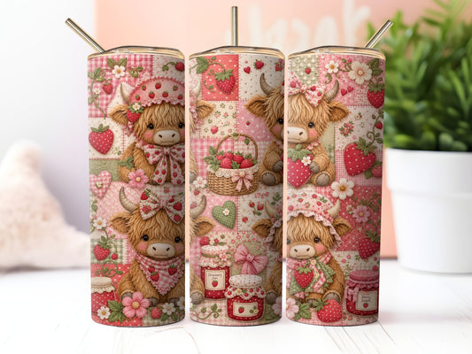 Strawberry Highland Cow Patchwork Sublimation 20oz Tumbler Wrap PNG Digital Download