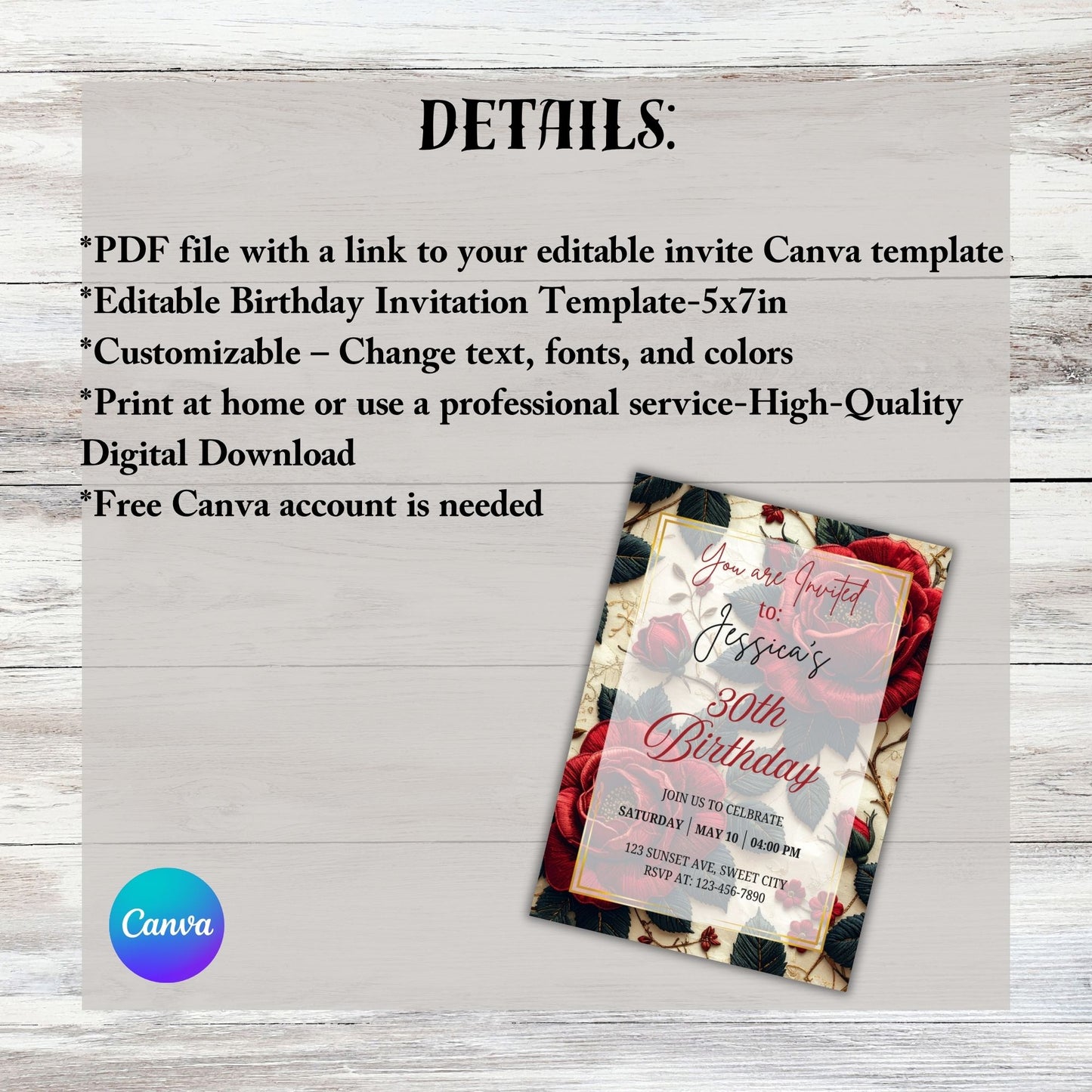 Floral Rose Birthday Invitation Canva Editable Template Instant Digital Download