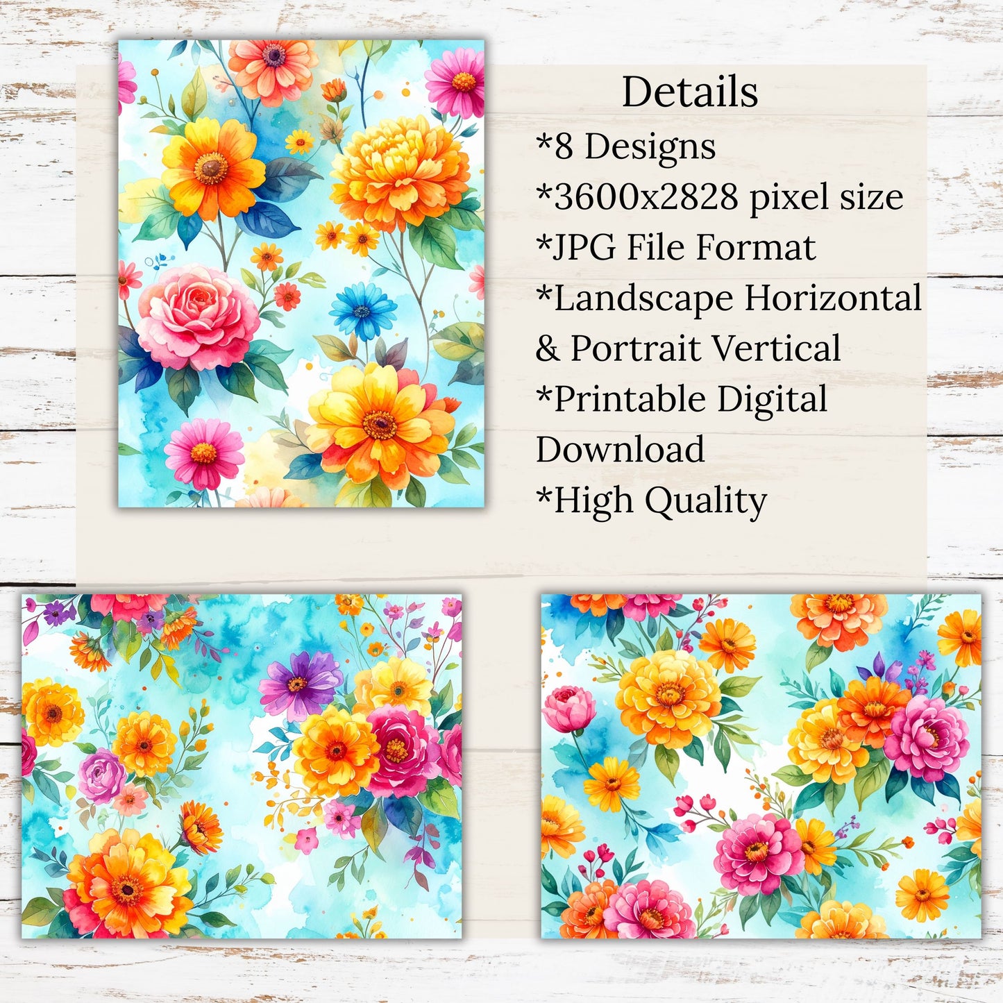 Bright Watercolor Floral Digital Paper Pack Bundle