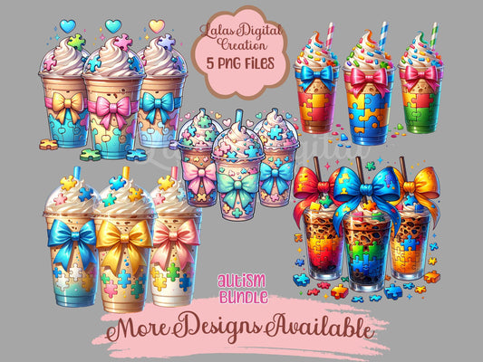Autism Puzzle Iced Coffee Drink Coquette Bow Bundle Clipart PNG Instant Digital Download