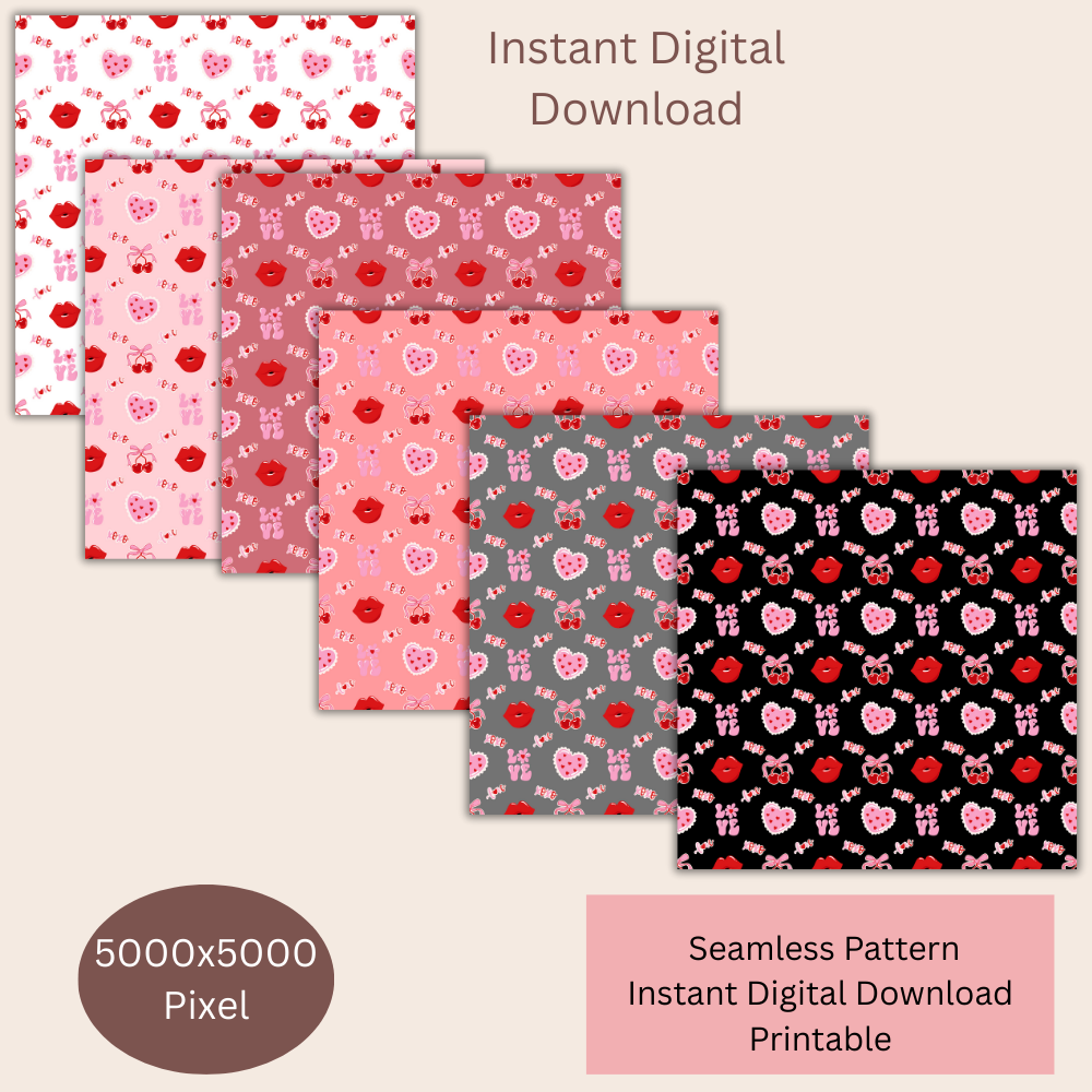 Valentines Cherry & Kisses Seamless Repeating Pattern Paper Bundle Set