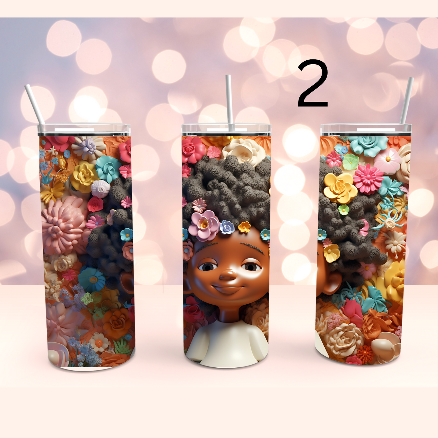 Cute African American Girl 3D Floral Stainless Steel Tumbler Cup