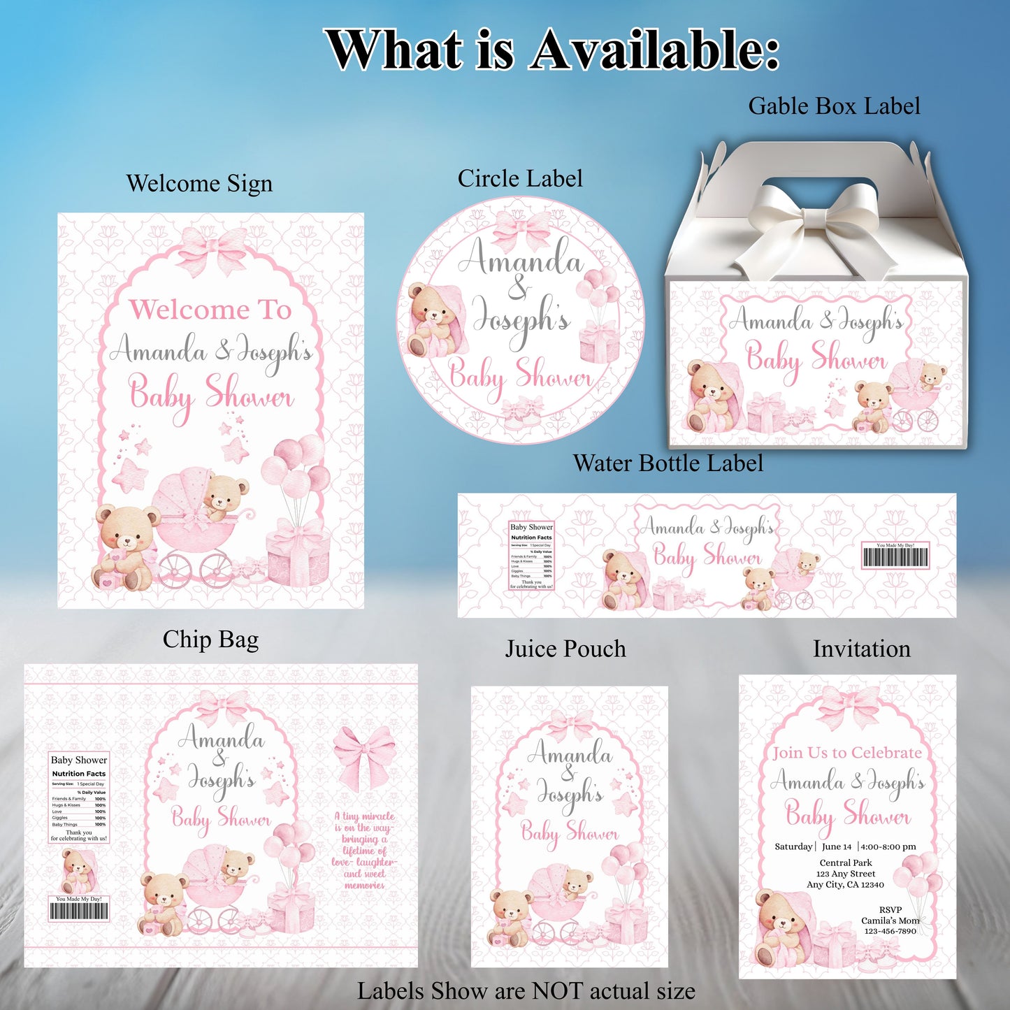 Pink Bear Girls Baby Shower Party Sticker Labels