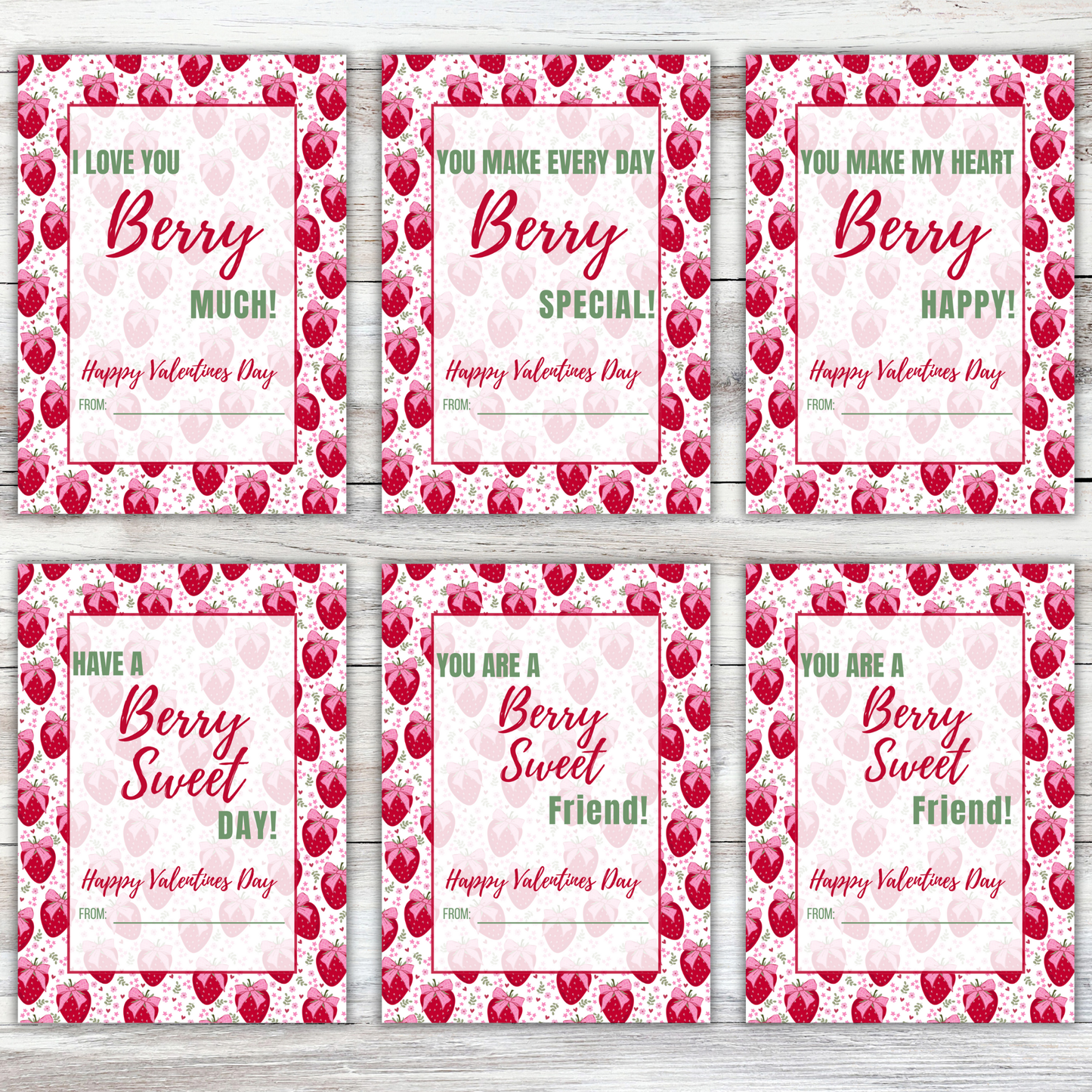 Strawberry floral Valentines Day Printable Digital Card Bundle