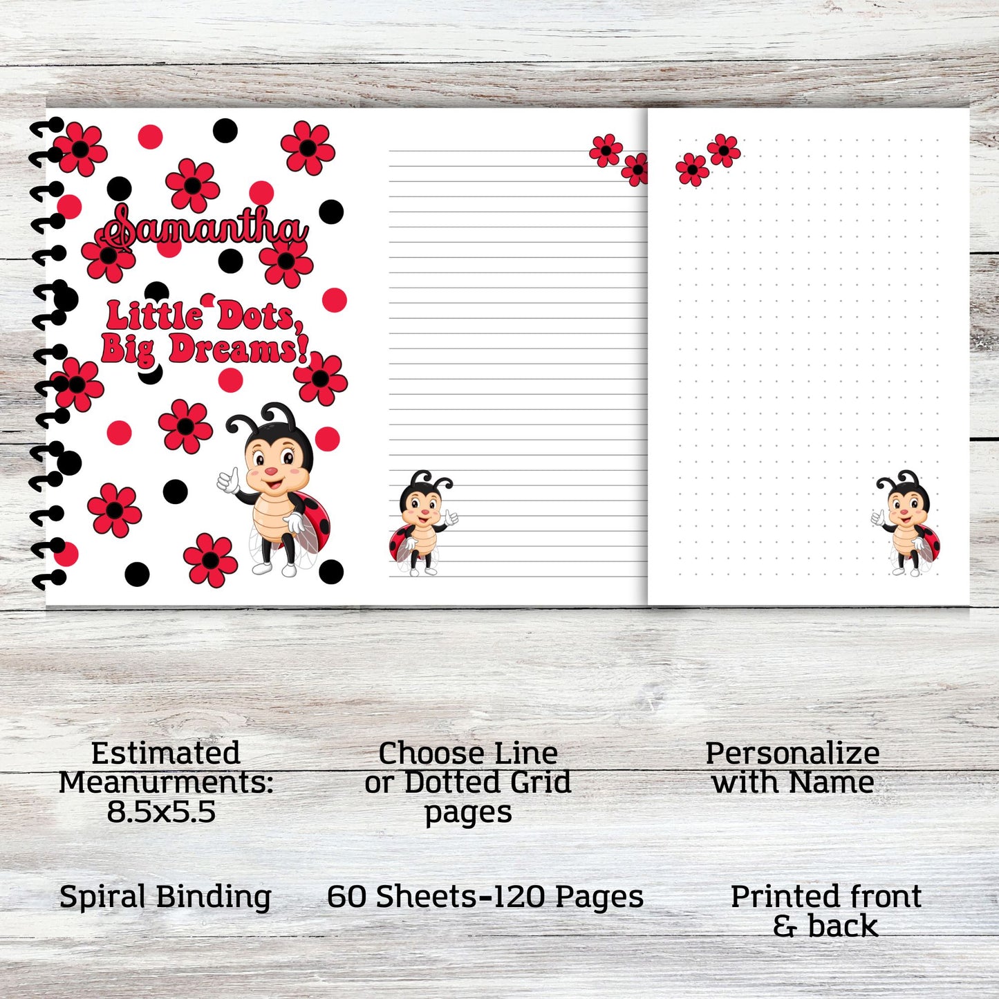 Ladybug Notebook Journal Dotted Grid or Lined pages