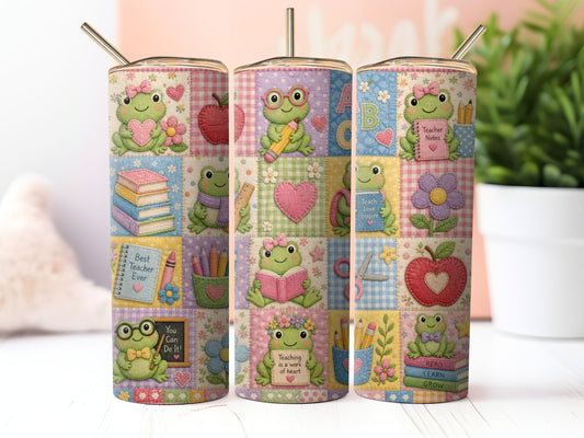 Teacher Frog Quilt Patchwork Sublimation 20zo Tumbler Wrap PNG Digital Download
