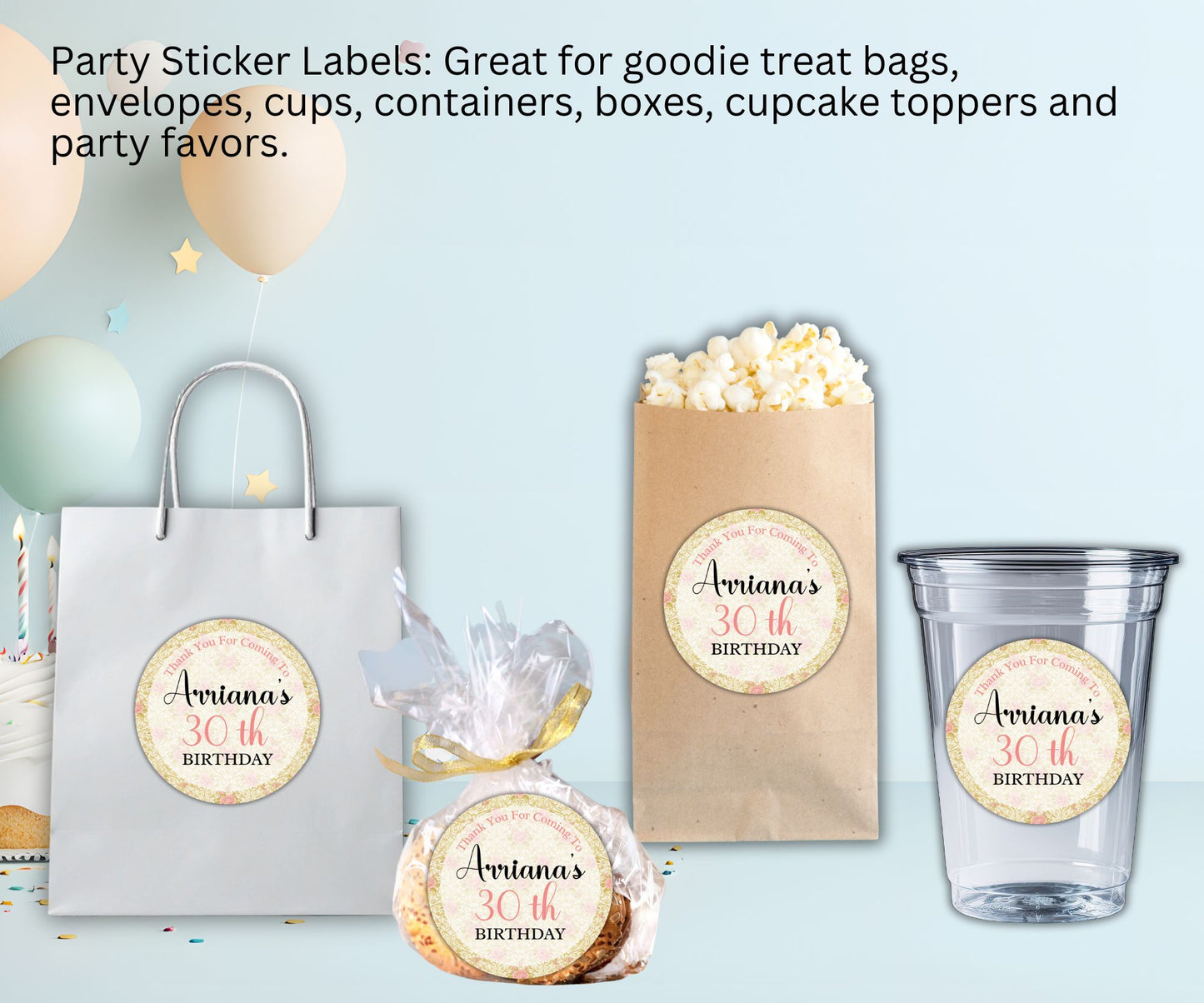 Pink Floral Birthday Party Sticker Labels