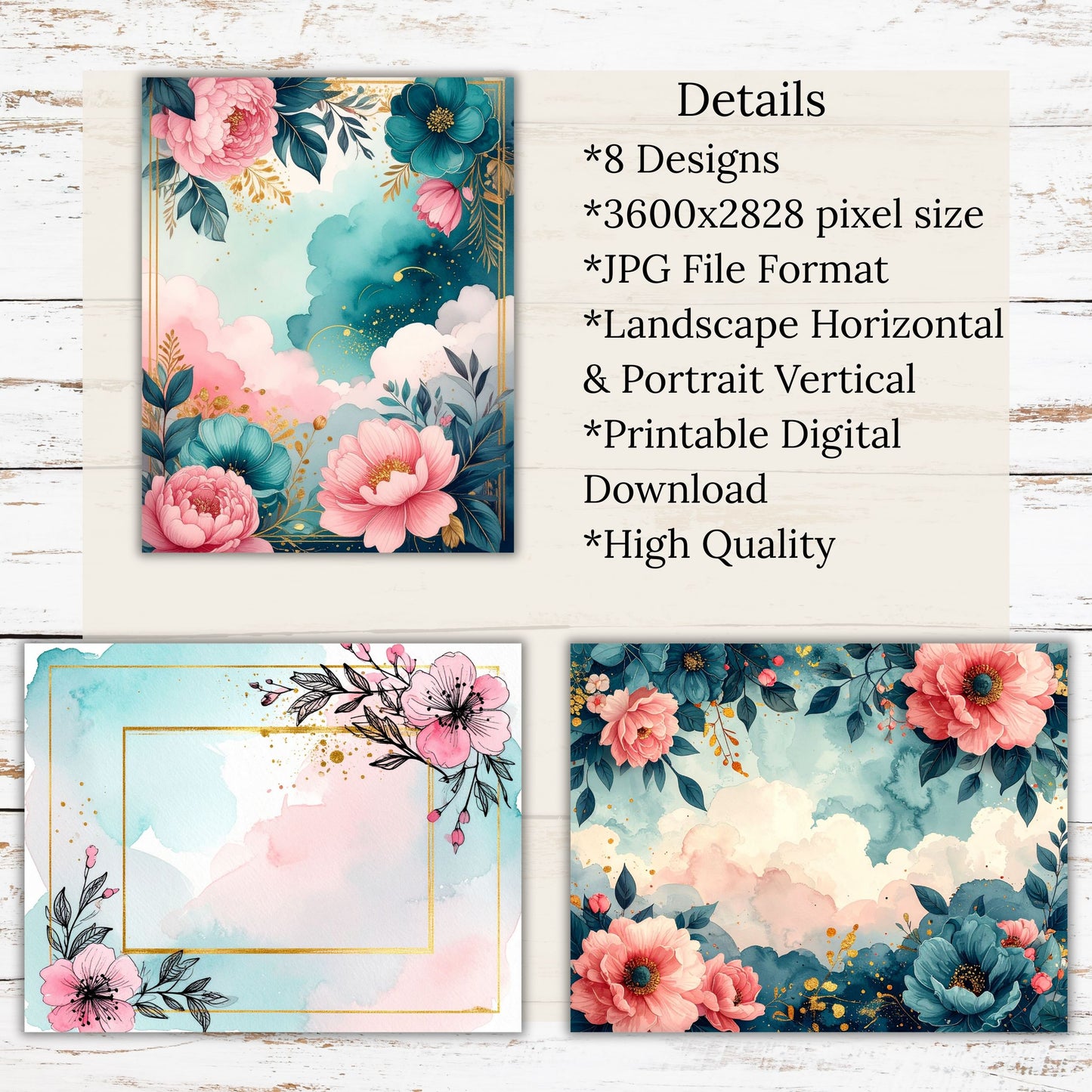 Watercolor Teal Pink Floral Digital Paper Pack Bundle