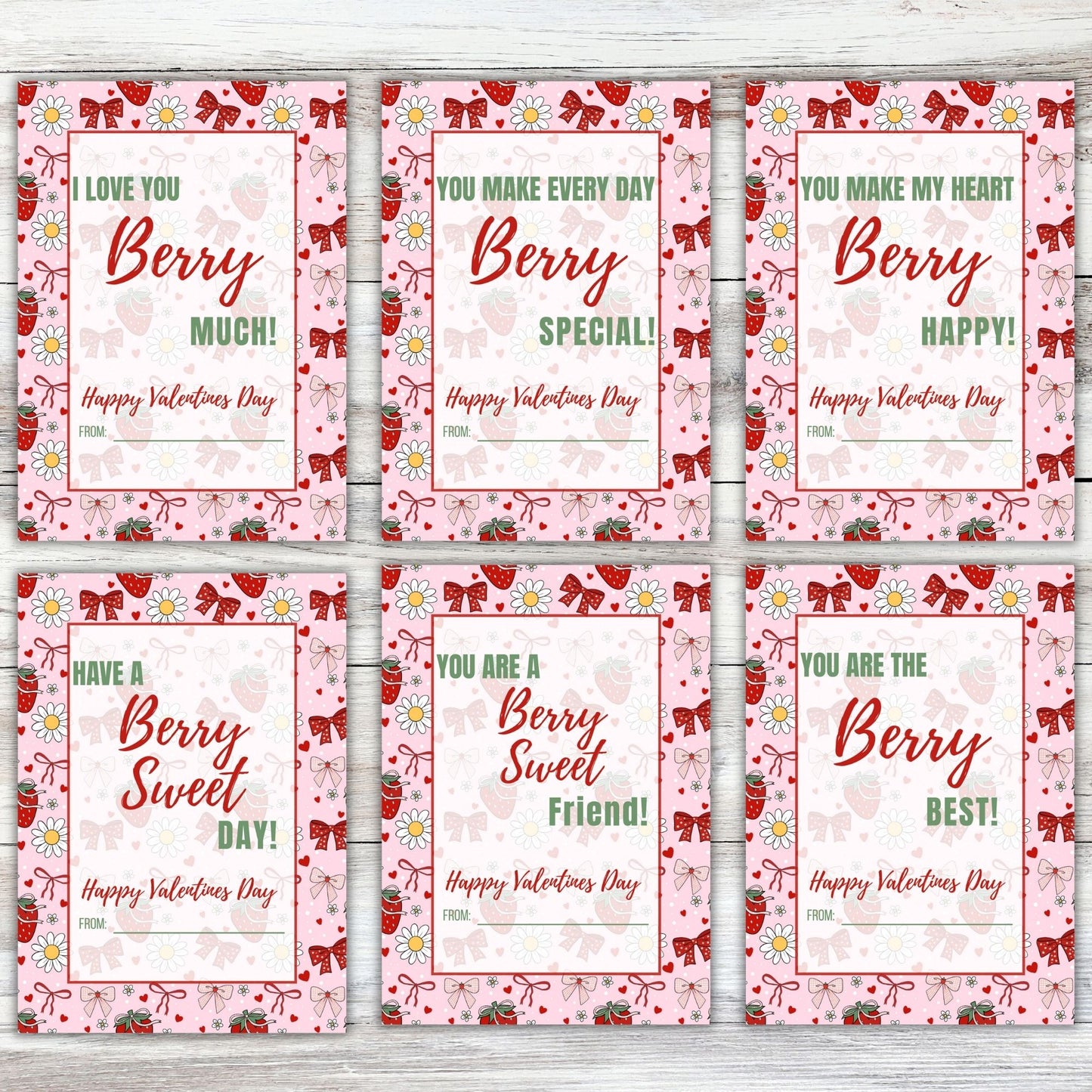 Pink Strawberry Bow Valentines Day Printable Digital Card Bundle