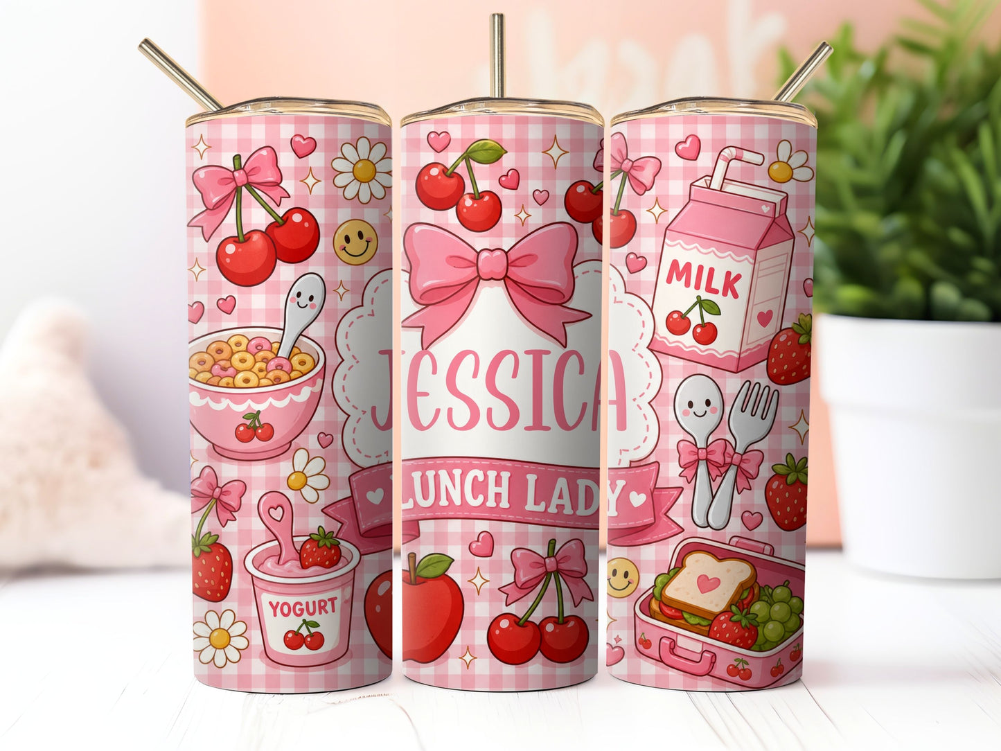 Cherry Coquette Lunch Lady Sublimation 20oz Tumbler Wrap PNG Digital Download