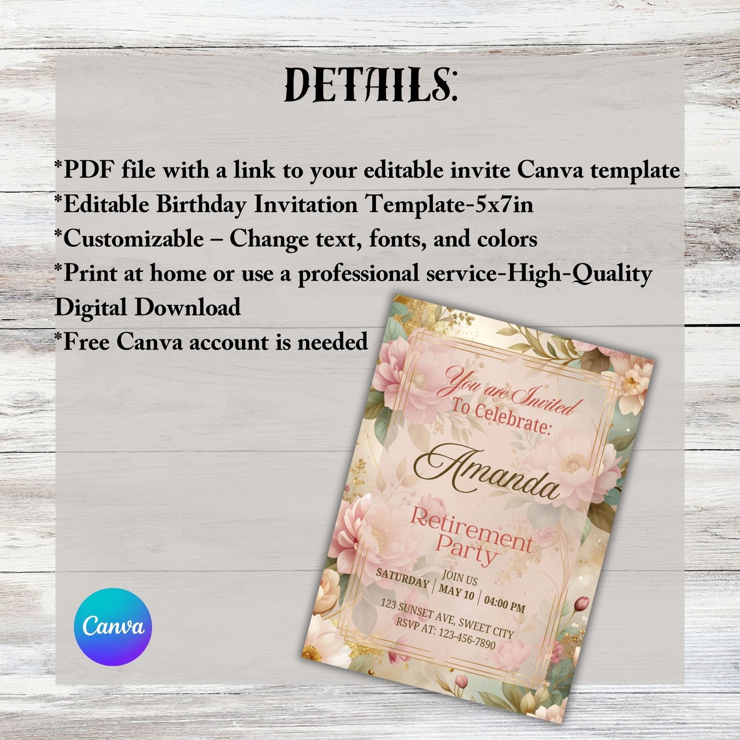 Pink Roses Retirement Party Invitation Canva Editable Template Instant Digital Download