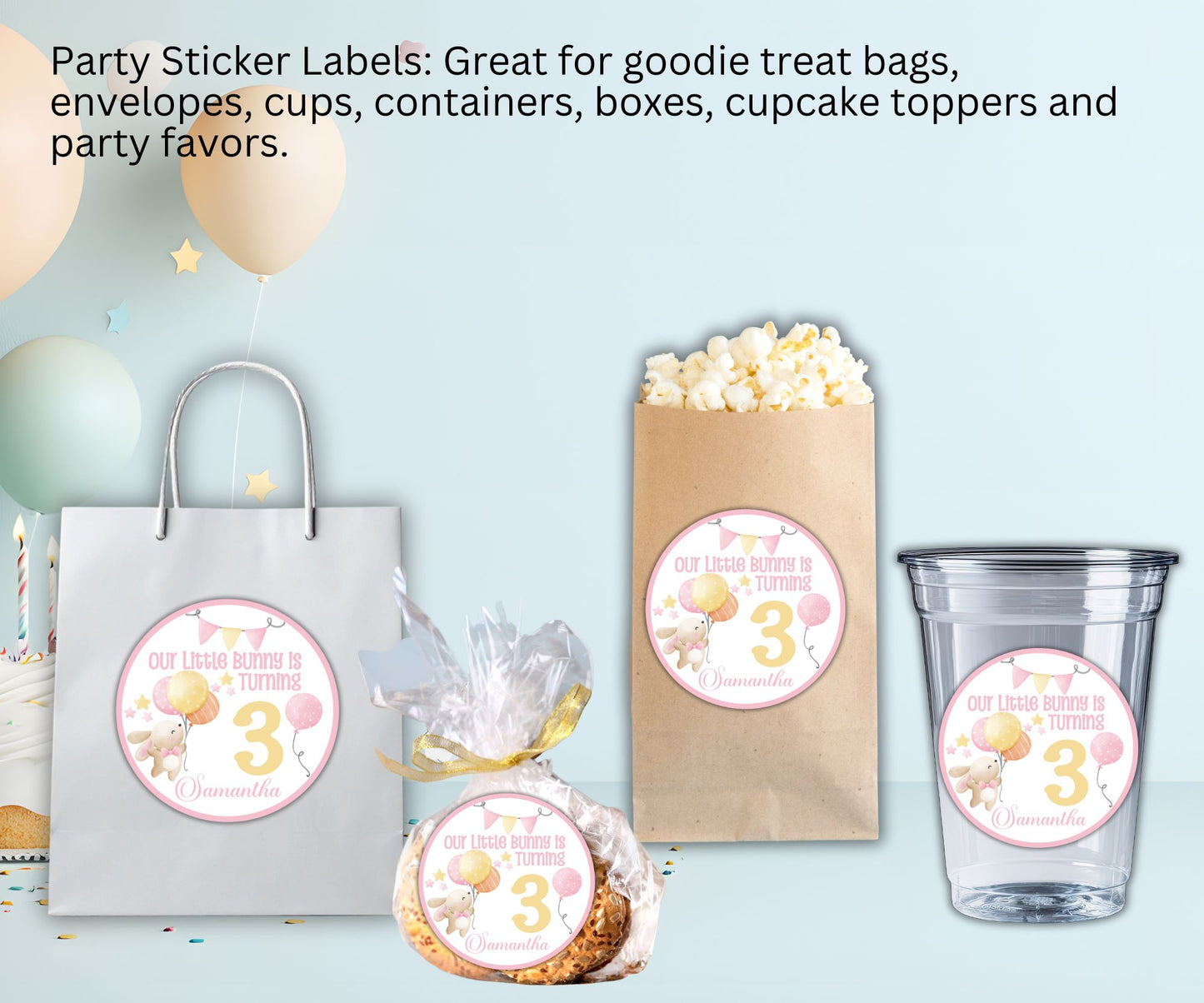 Girls Bunny Birthday Party Sticker Label