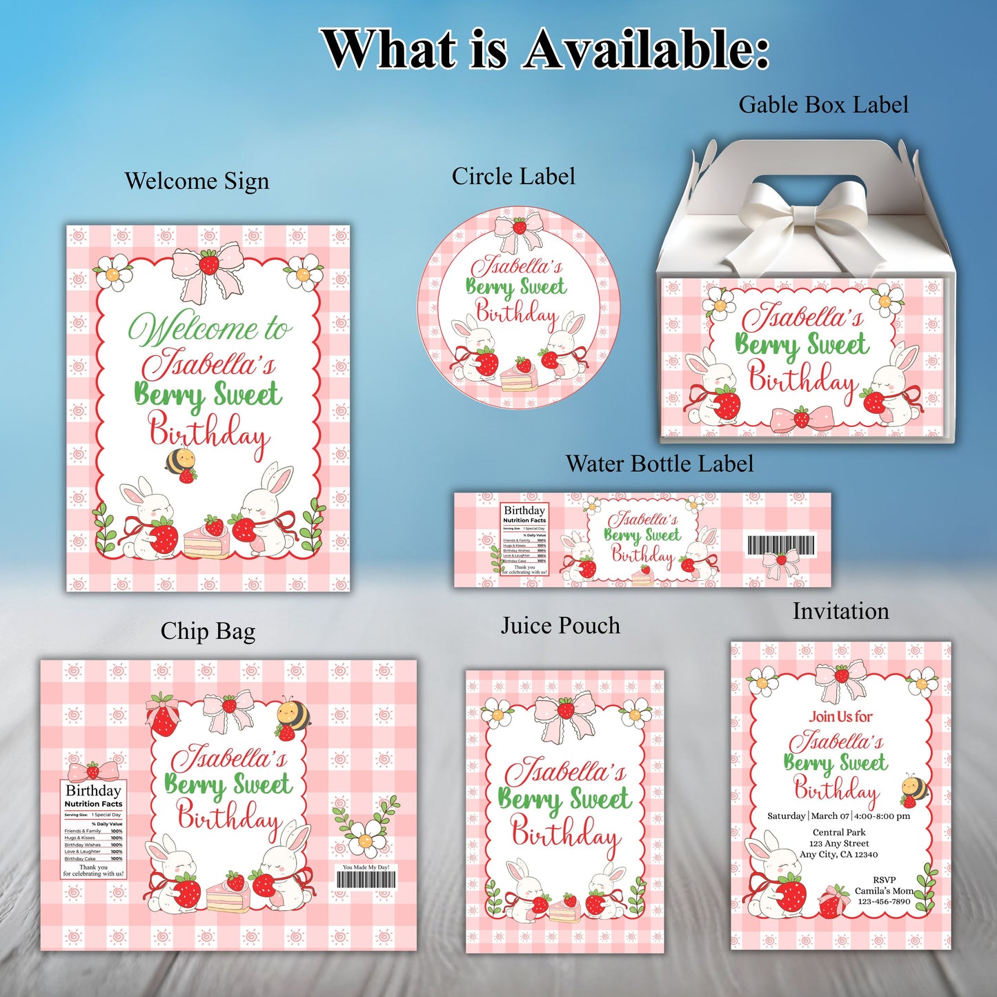 Strawberry Bunny Party sticker Labels