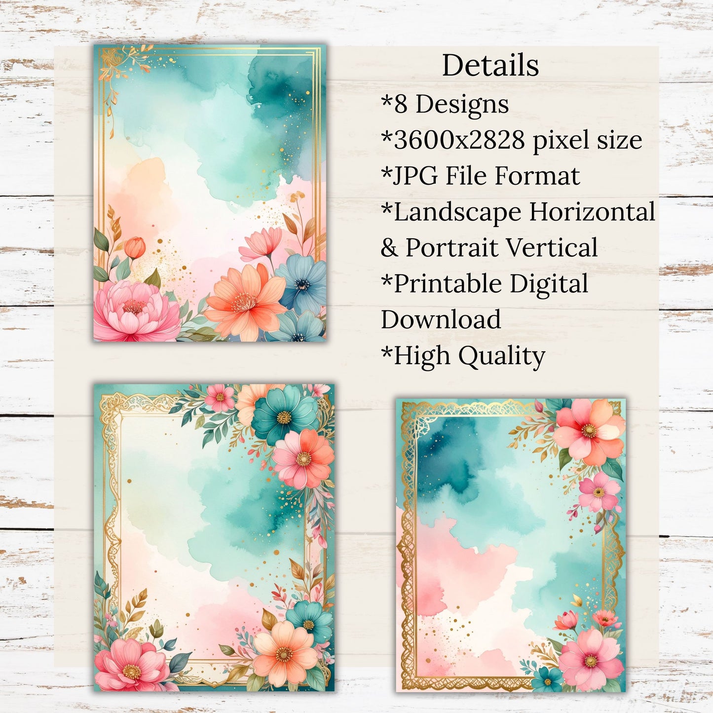 Watercolor Floral Gold Frame Digital Paper Pack Bundle