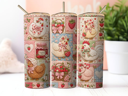 Strawberry Chicken Patchwork Quilt Sublimation 20zo Tumbler Wrap PNG Digital Download