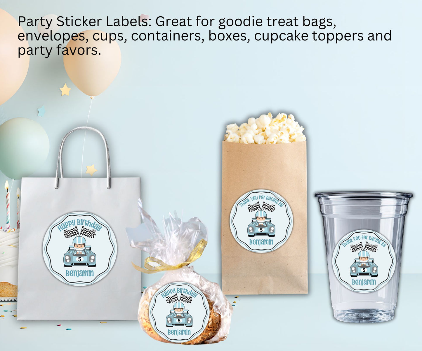 Blue Boys Race Car Birthday Party Sticker Labels