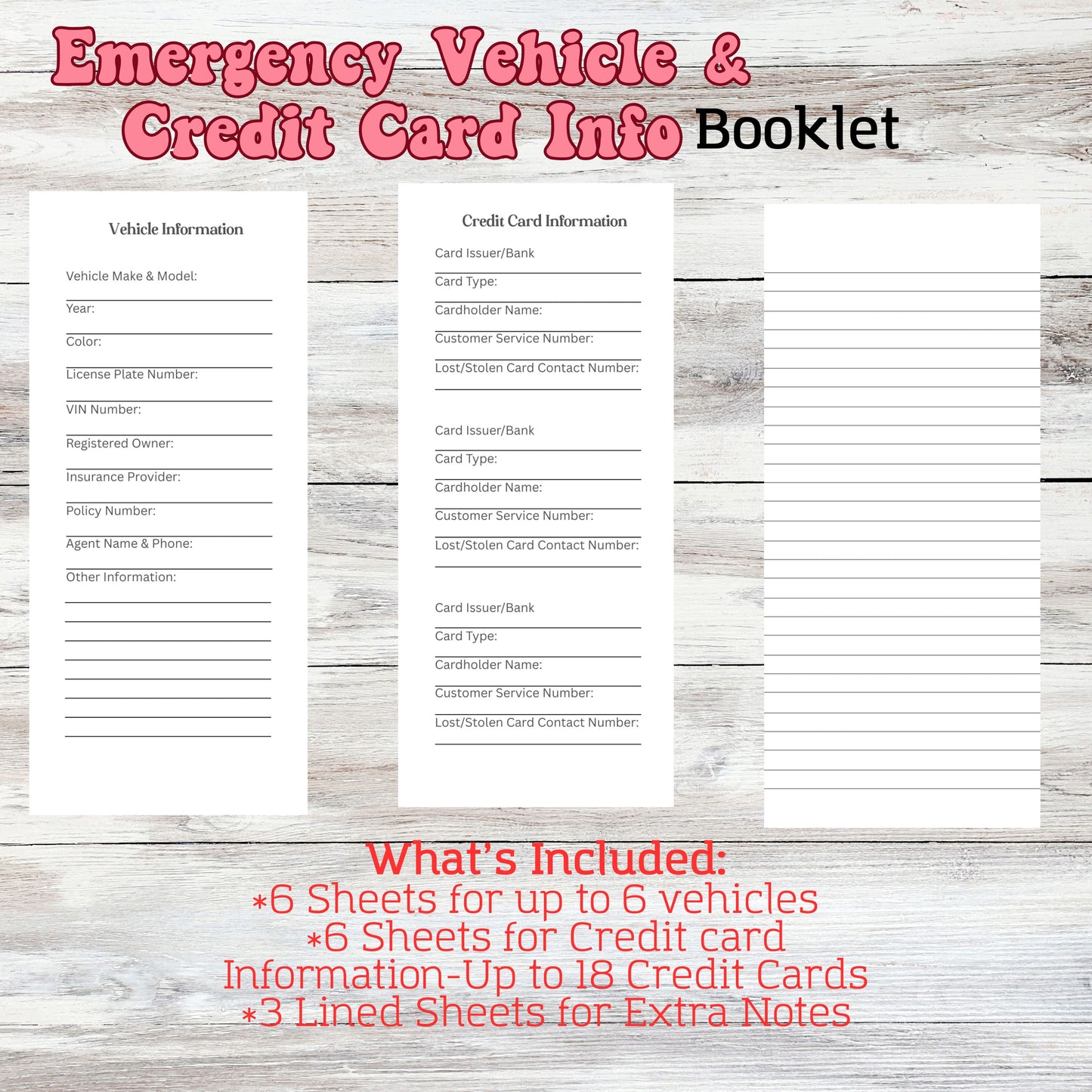 Vehicle & Credit Card Information Booklet Notebook