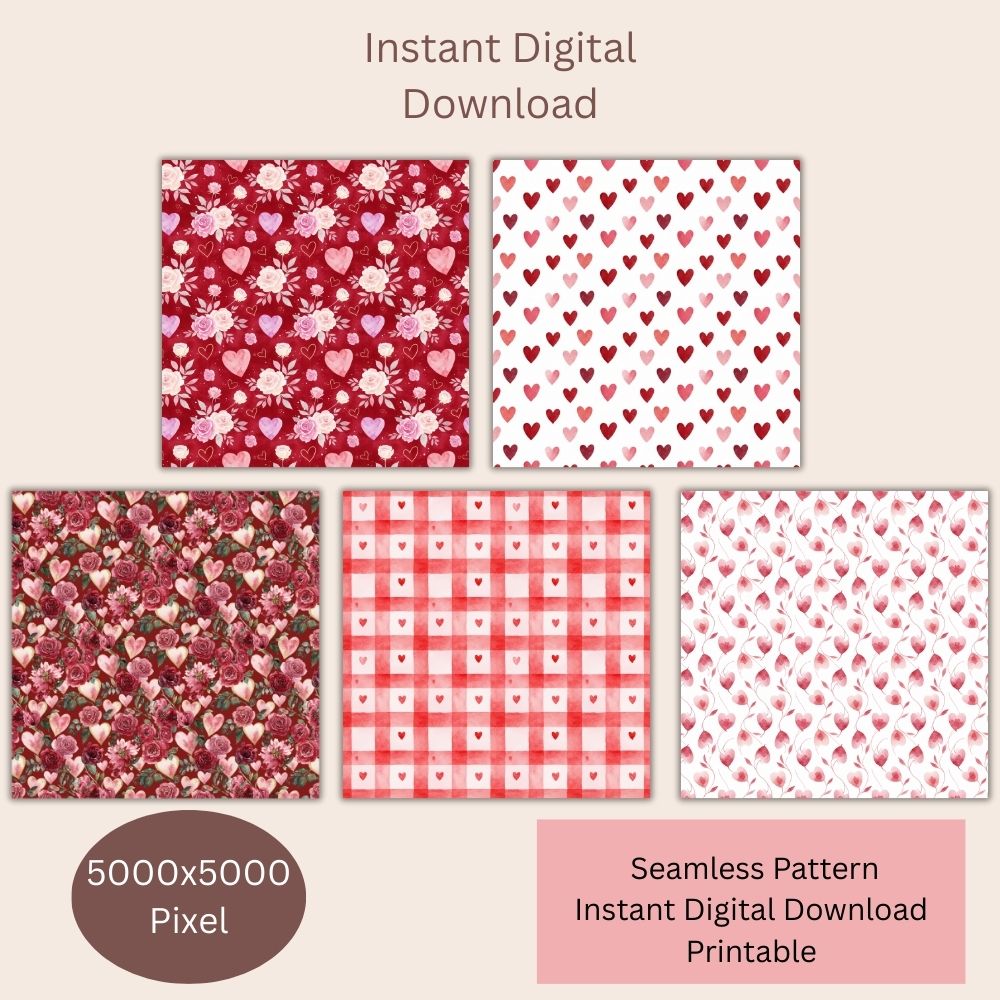Valentines Floral & Hearts Seamless Repeating Pattern Paper Bundle Set