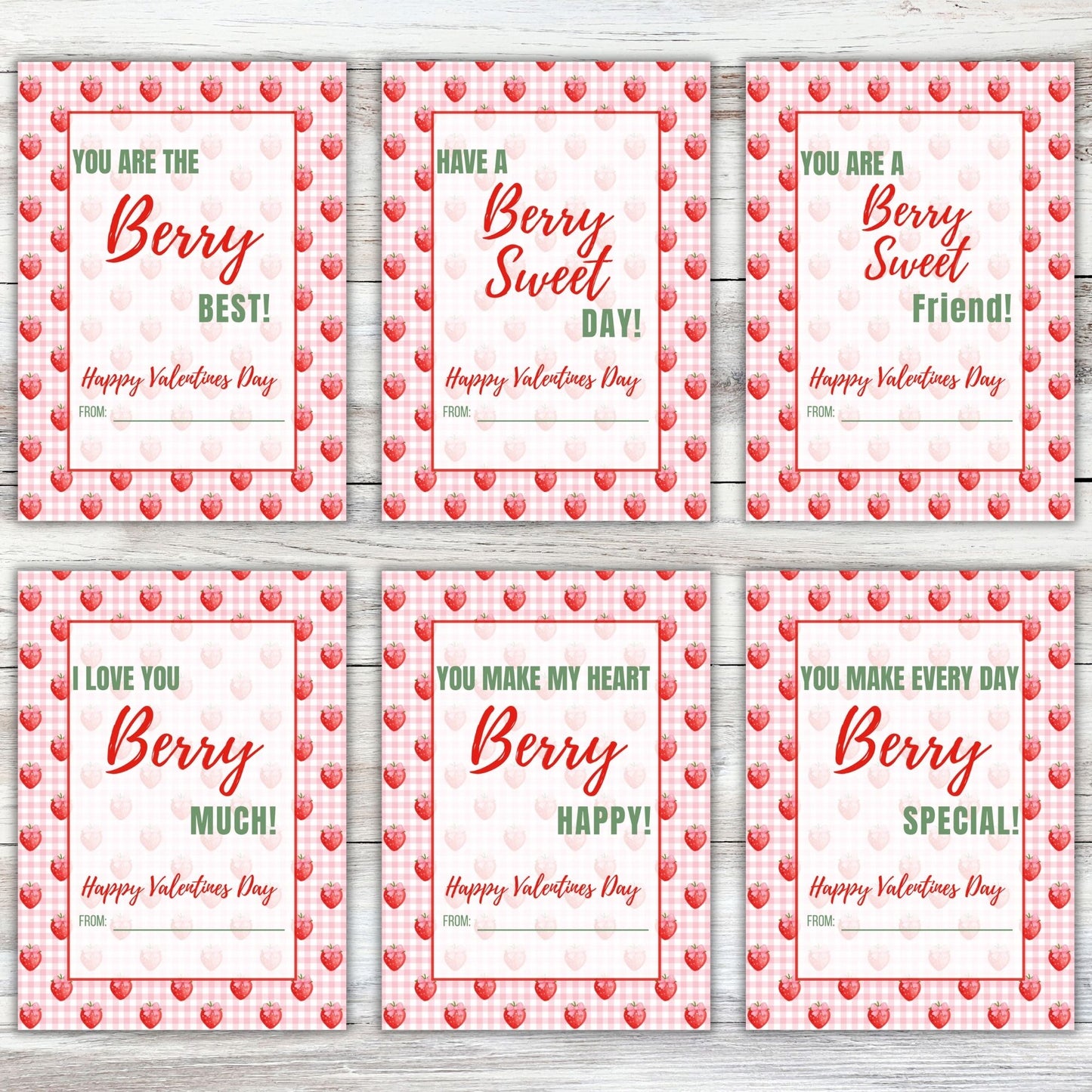 Strawberry Checkered Valentines Day Printable Digital Card Bundle