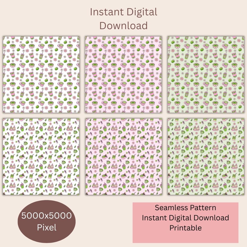 Pink Green Matcha Tea Seamless Repeating Pattern Paper Bundle Set