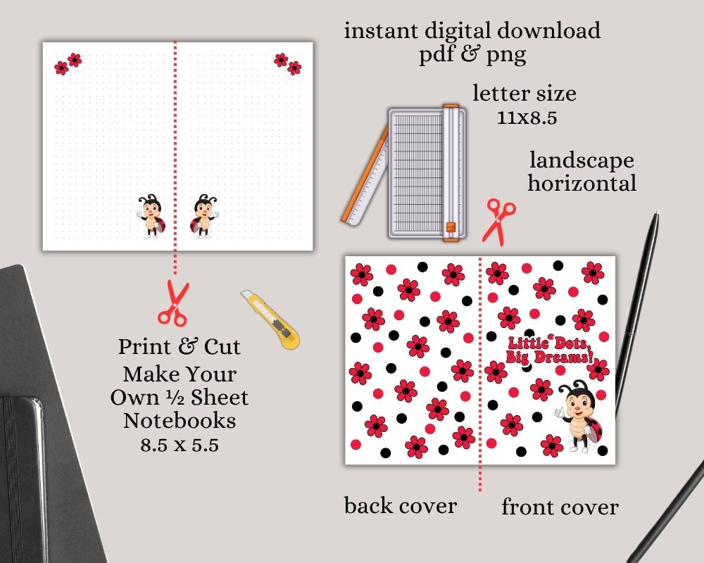 Red Daisy Ladybug Digital Lined & Dotted Grid Notebook PDF