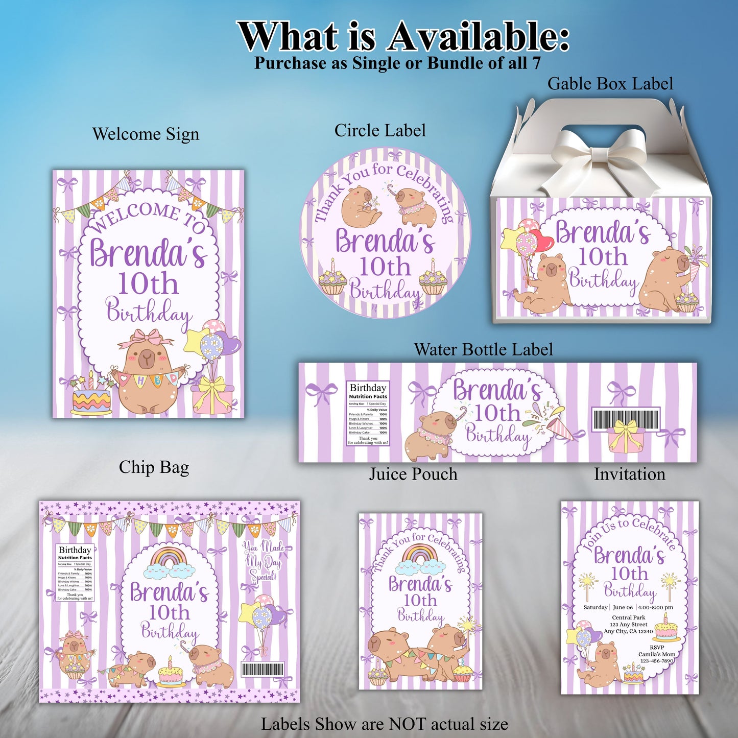 Purple Capybara Birthday Party Sticker Labels