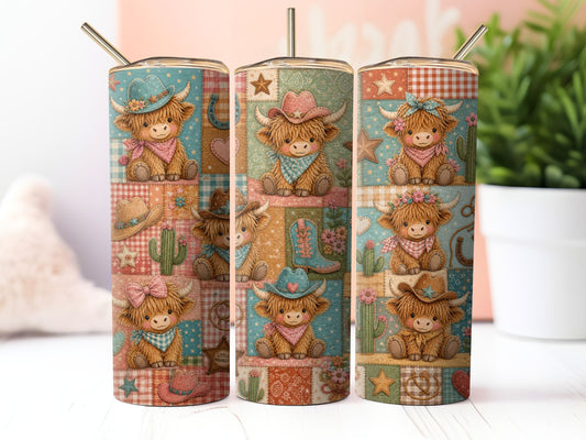Western Highland Cow Patchwork Sublimation 20oz Tumbler Wrap PNG Digital Download