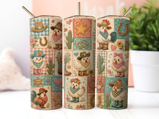 Western Chicken Patchwork Quilt Sublimation 20zo Tumbler Wrap PNG Digital Download