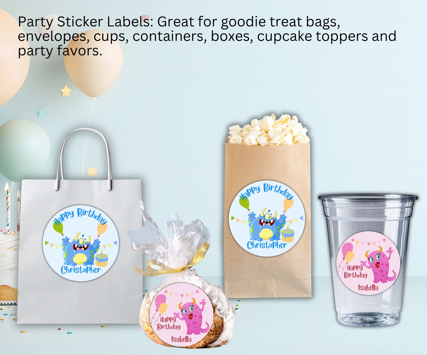 Monsters Boys Girls Birthday Party Sticker Labels