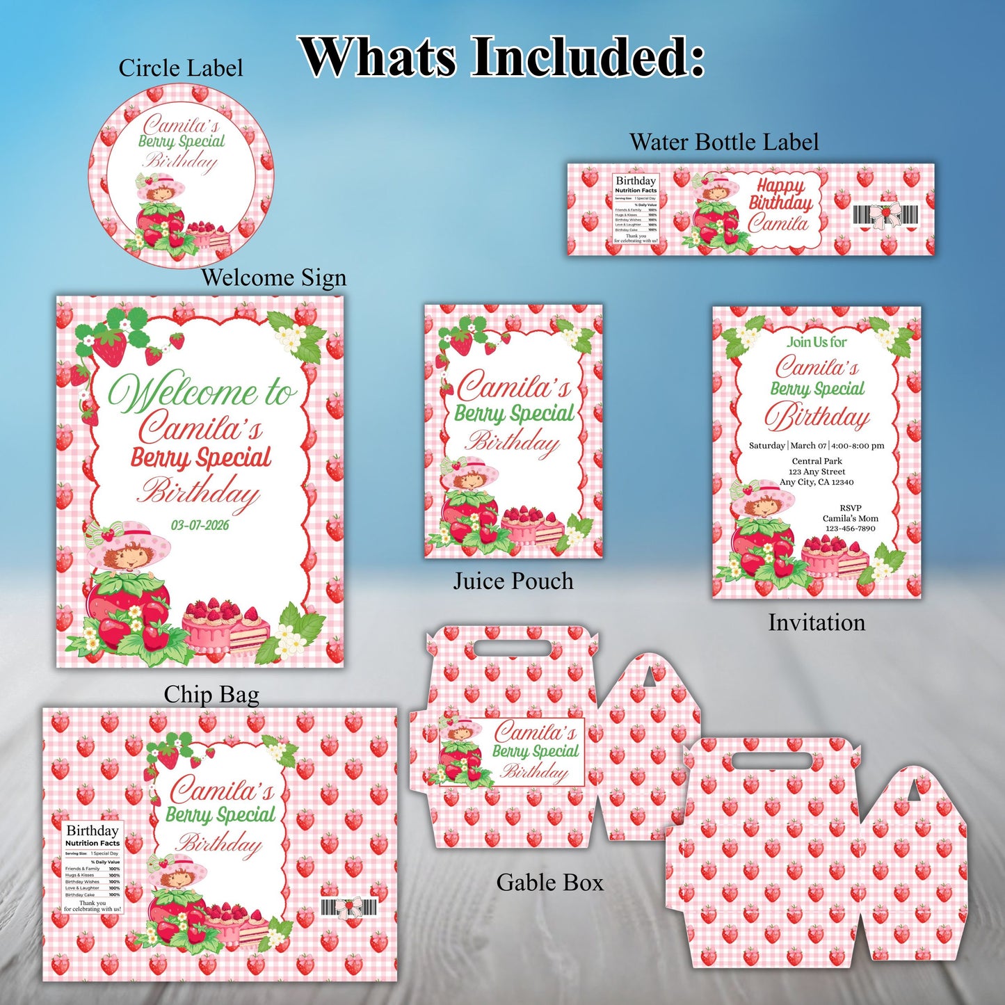 Strawberry Party Favor Bundle Editable Canva Template