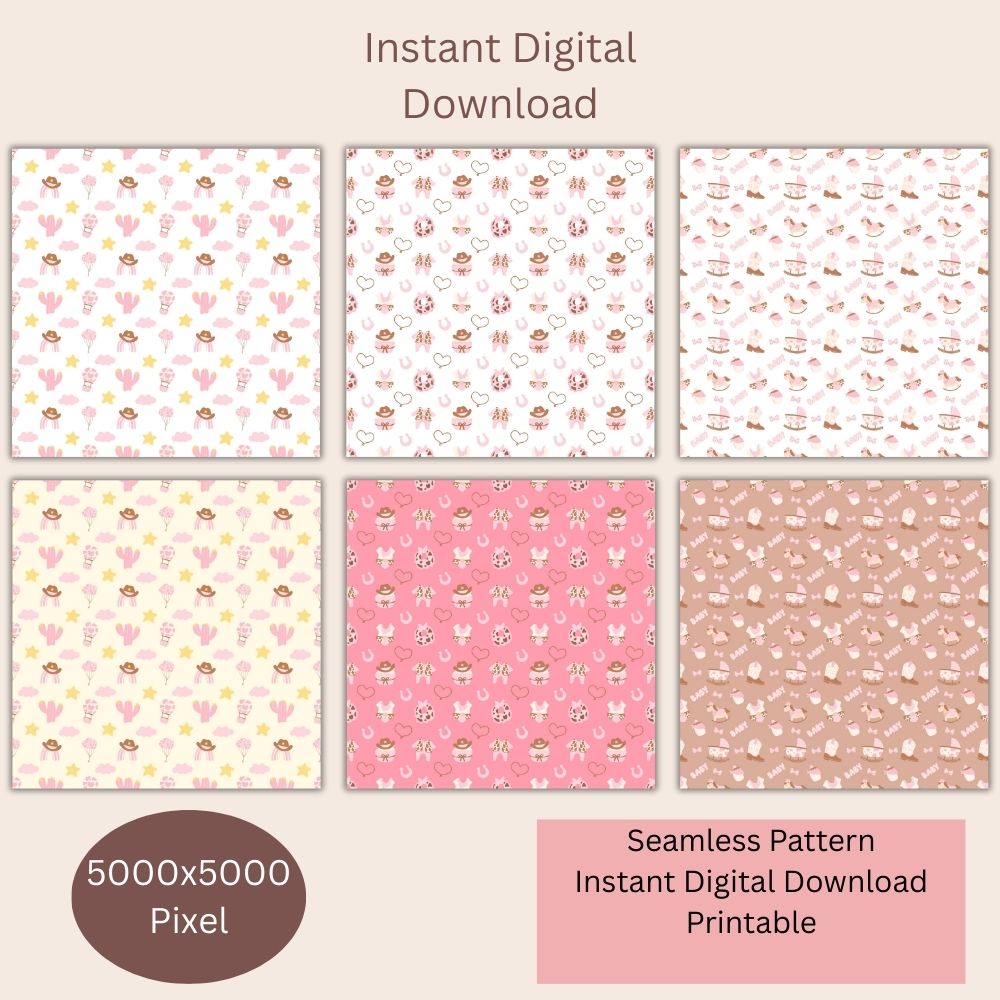 Pink Girls Baby Western Seamless Repeating Pattern Paper Bundle Set