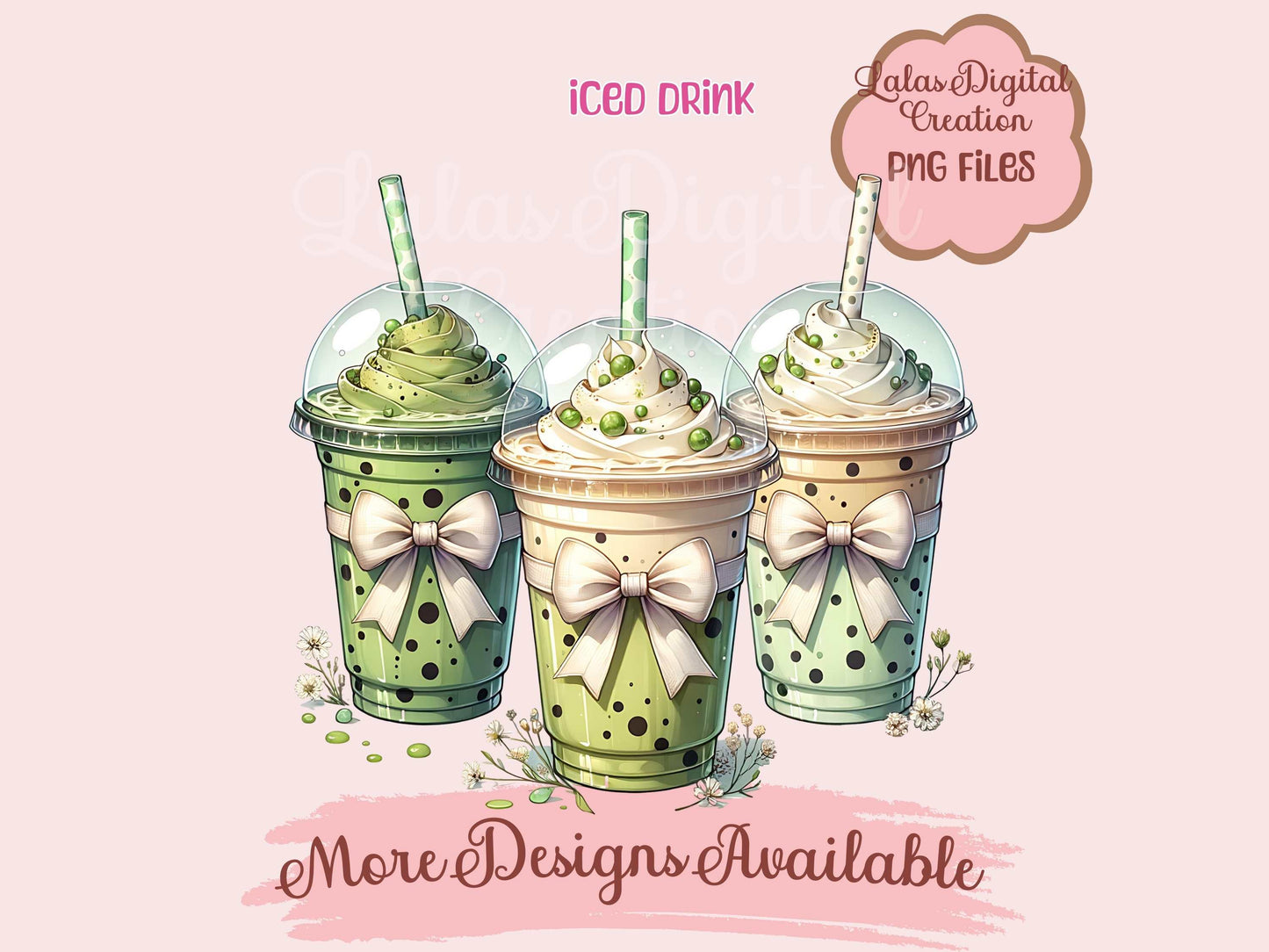 Green Iced Coffee Drink Coquette Bow Clipart PNG Instant Digital Download