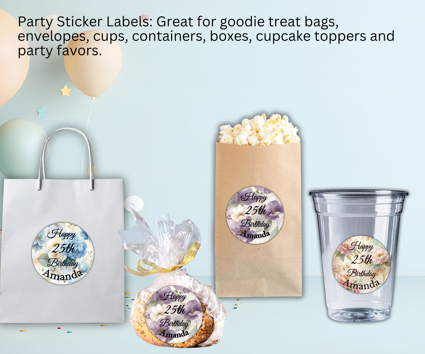 Elegant Floral Custom Personalized Happy Birthday Party Favor Sticker Labels