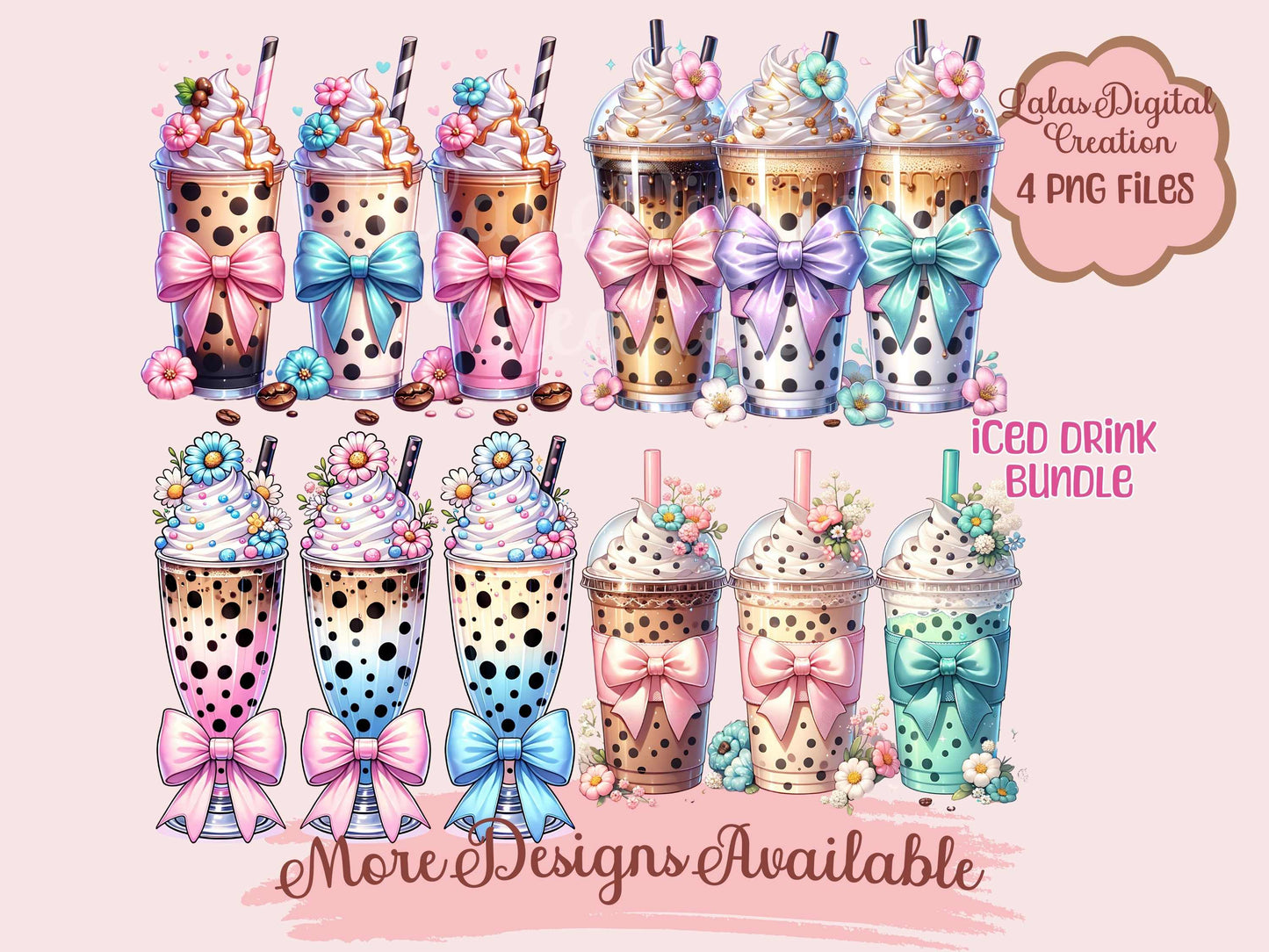 Iced Coffee Drink Coquette Bow Bundle Clipart PNG Instant Digital Download