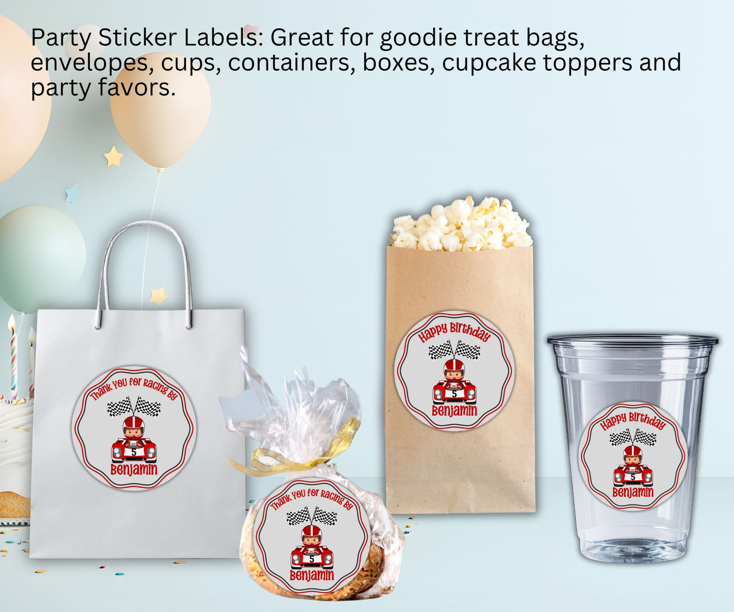 Red Boys Race Car Birthday Party Sticker Labels