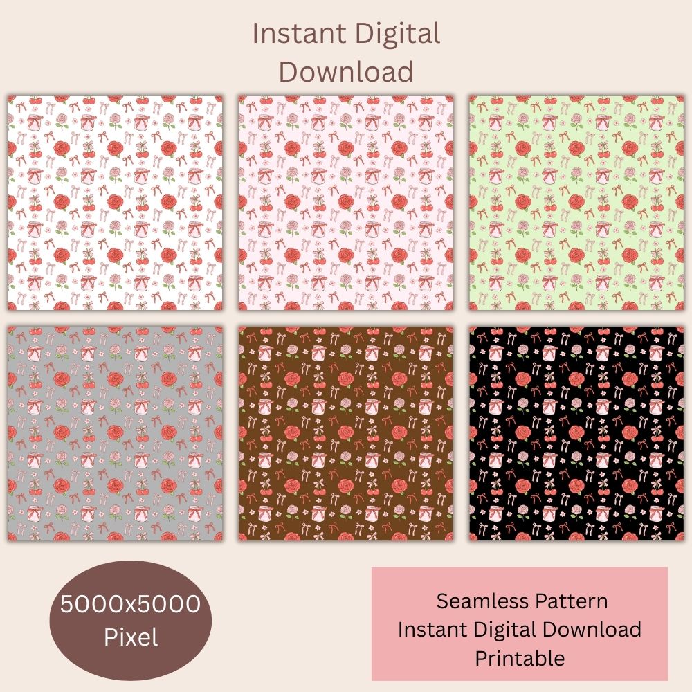 Preppy Cherry & Roses Seamless Repeating Pattern Paper Bundle Set