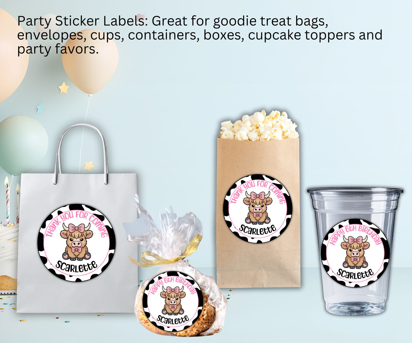 Girls Baby Cow Party Sticker Labels