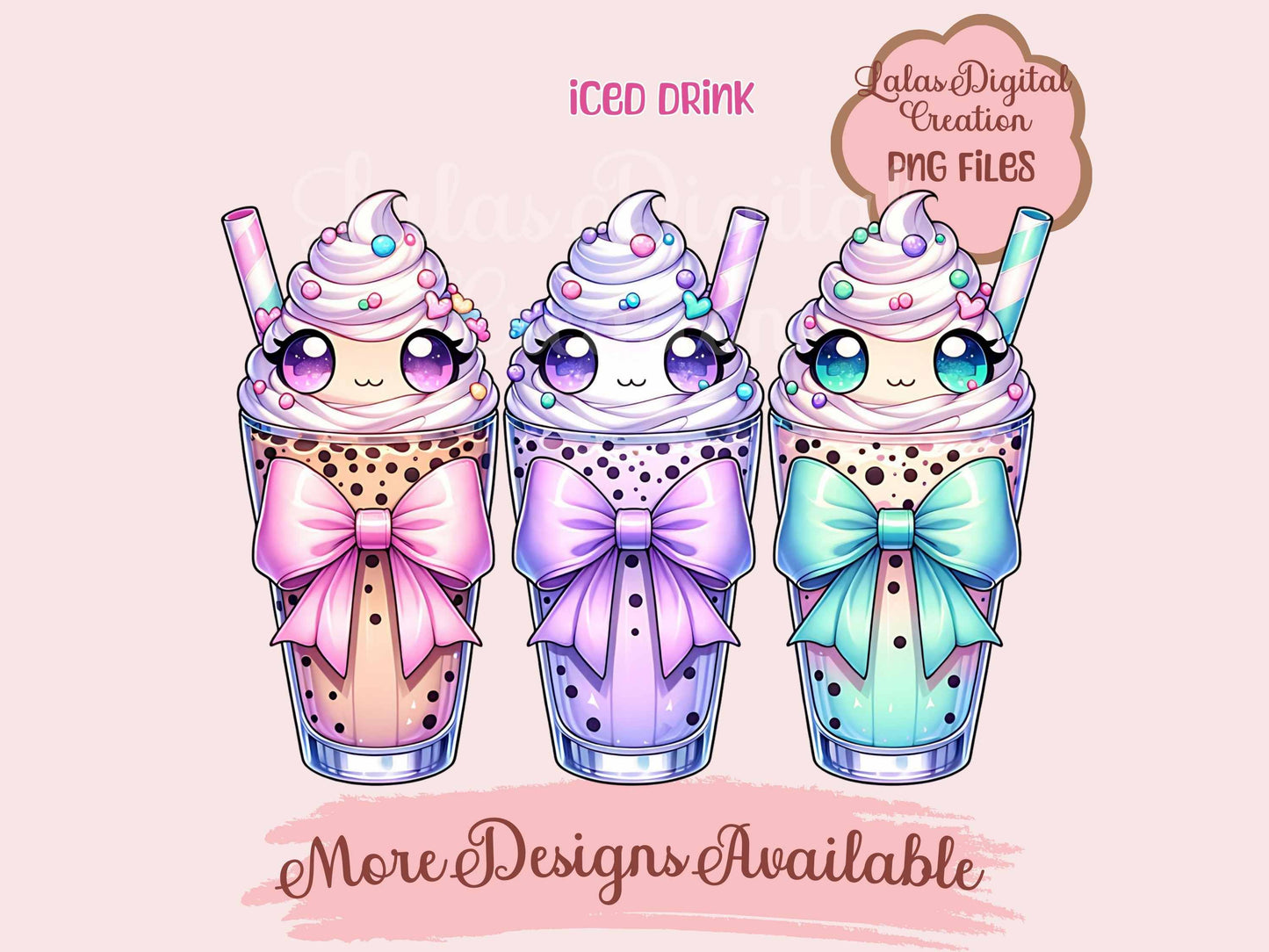 Kawaii Iced Coffee Drink Coquette Bow Clipart PNG Instant Digital Download