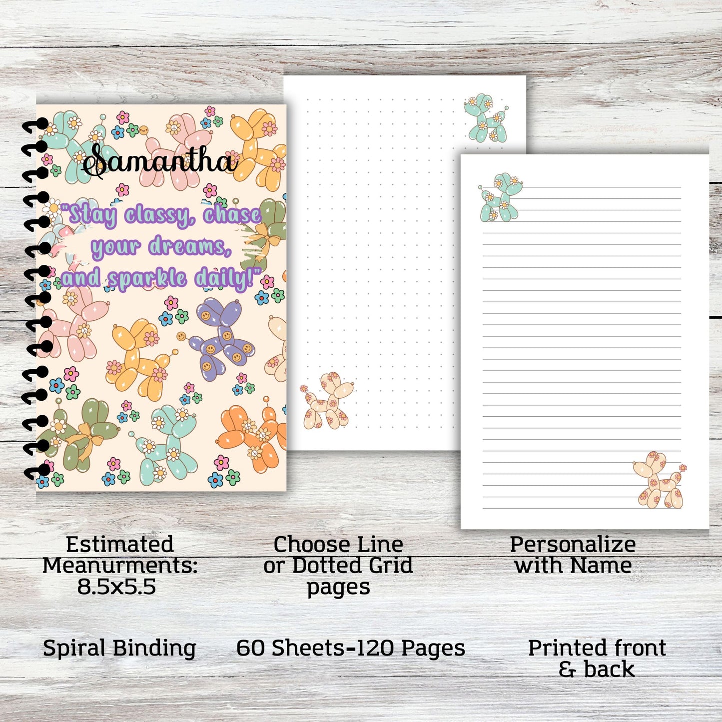 Preppy Balloon Dog Notebook Journal Lined or Dotted Grid Paper