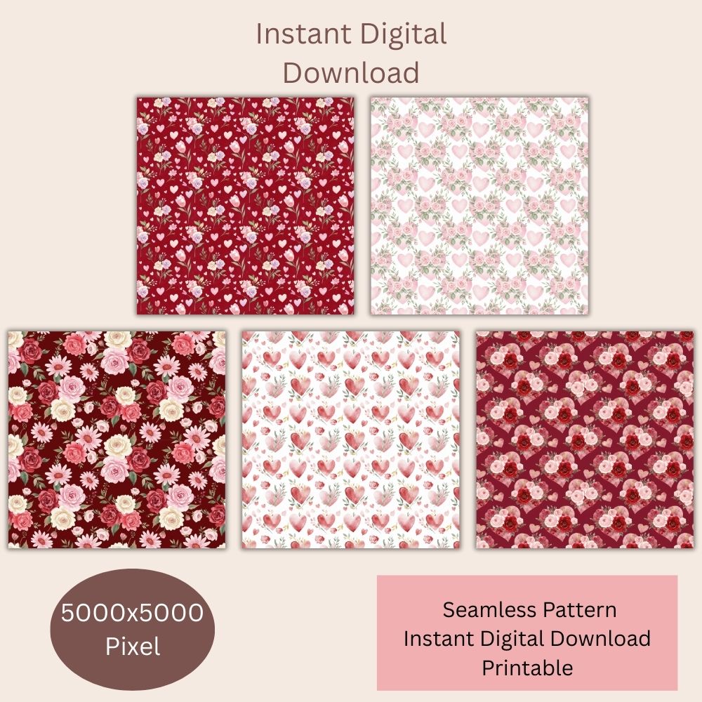Floral & Hearts Valentines Seamless Repeating Pattern Paper Bundle Set