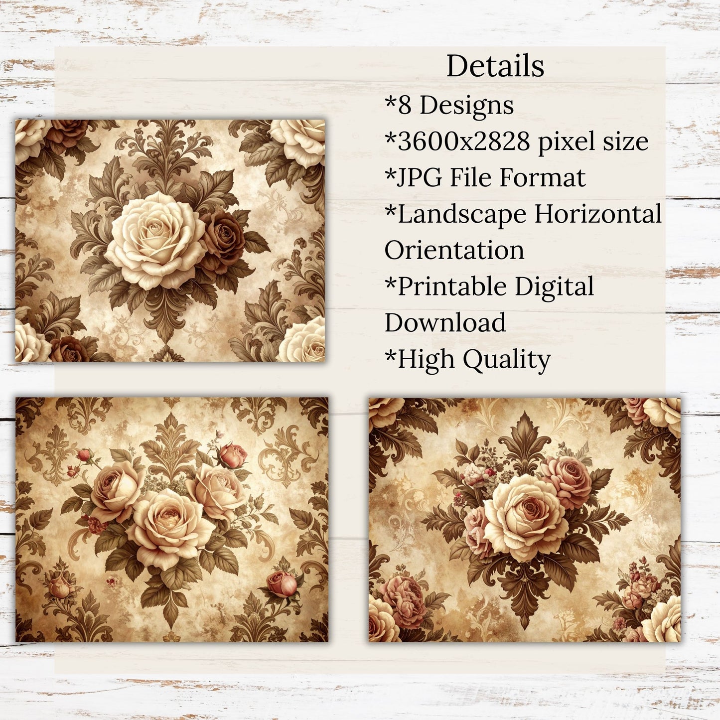 Vintage Ivory Rose Digital Paper Pack Bundle