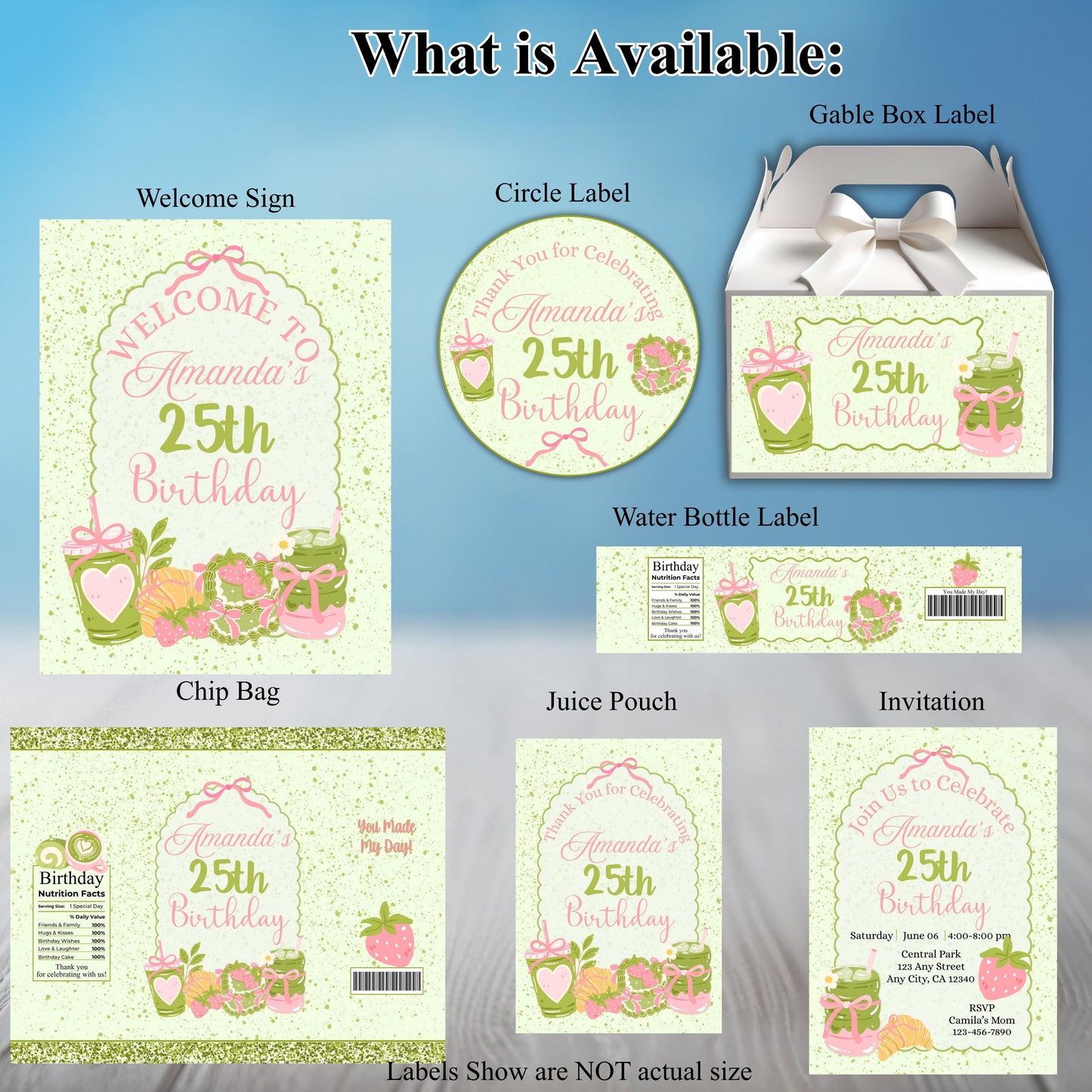 Green Matcha Girls Party Sticker Labels