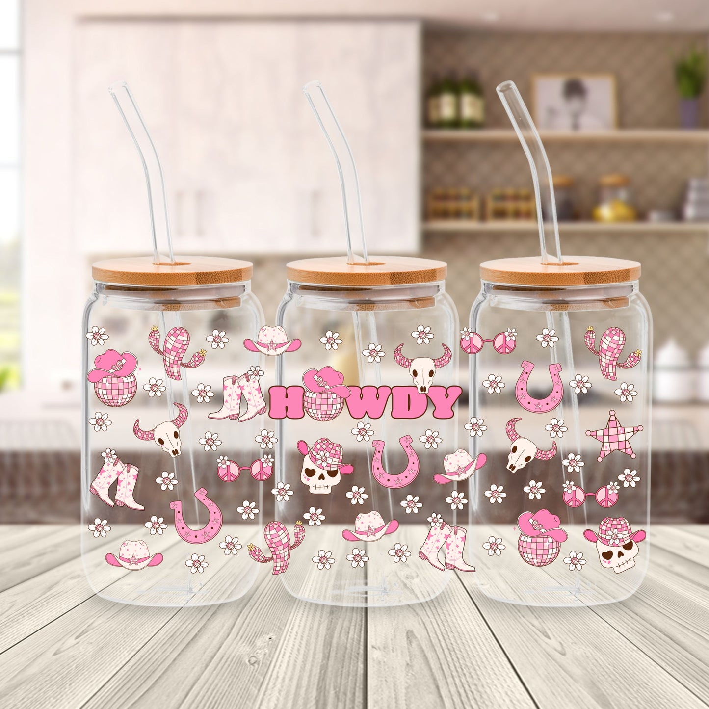 Pink Wester Howdy Libbey Glass Can Cup Wrap
