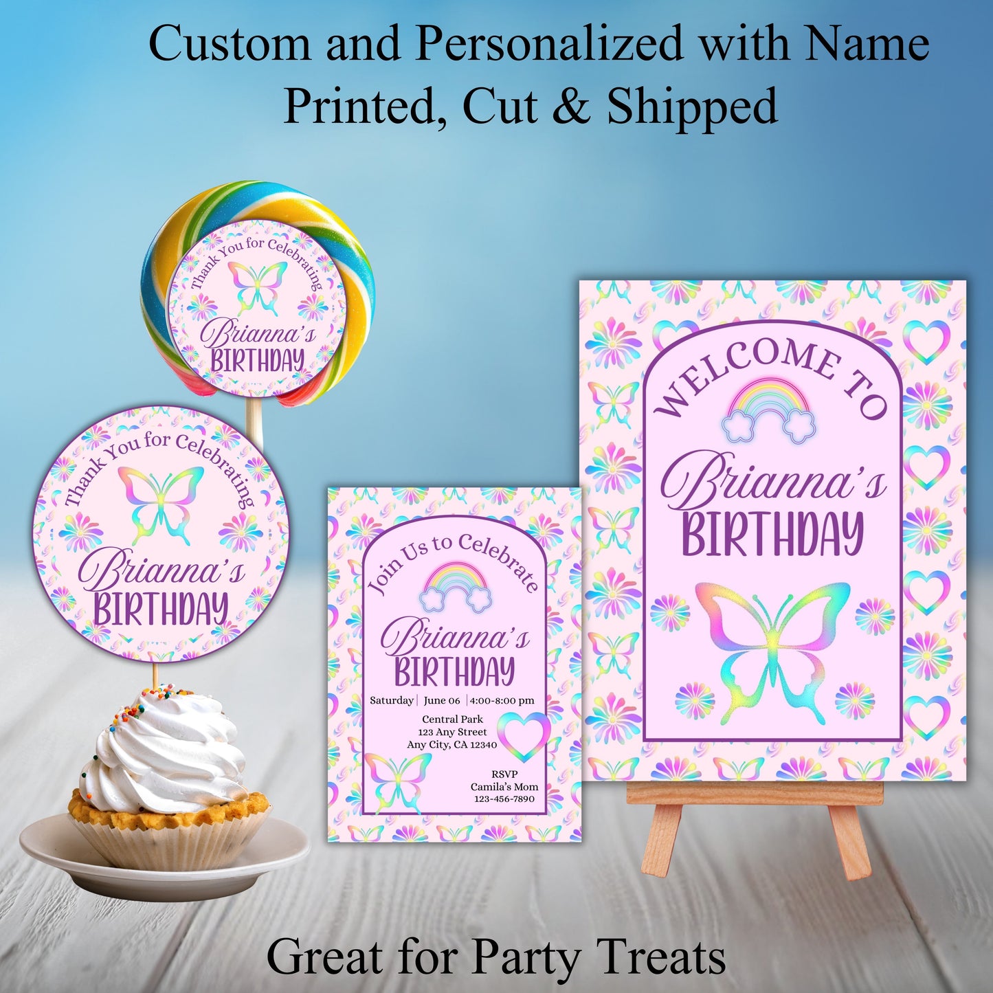 Rainbow Butterfly Girls Party Sticker Labels