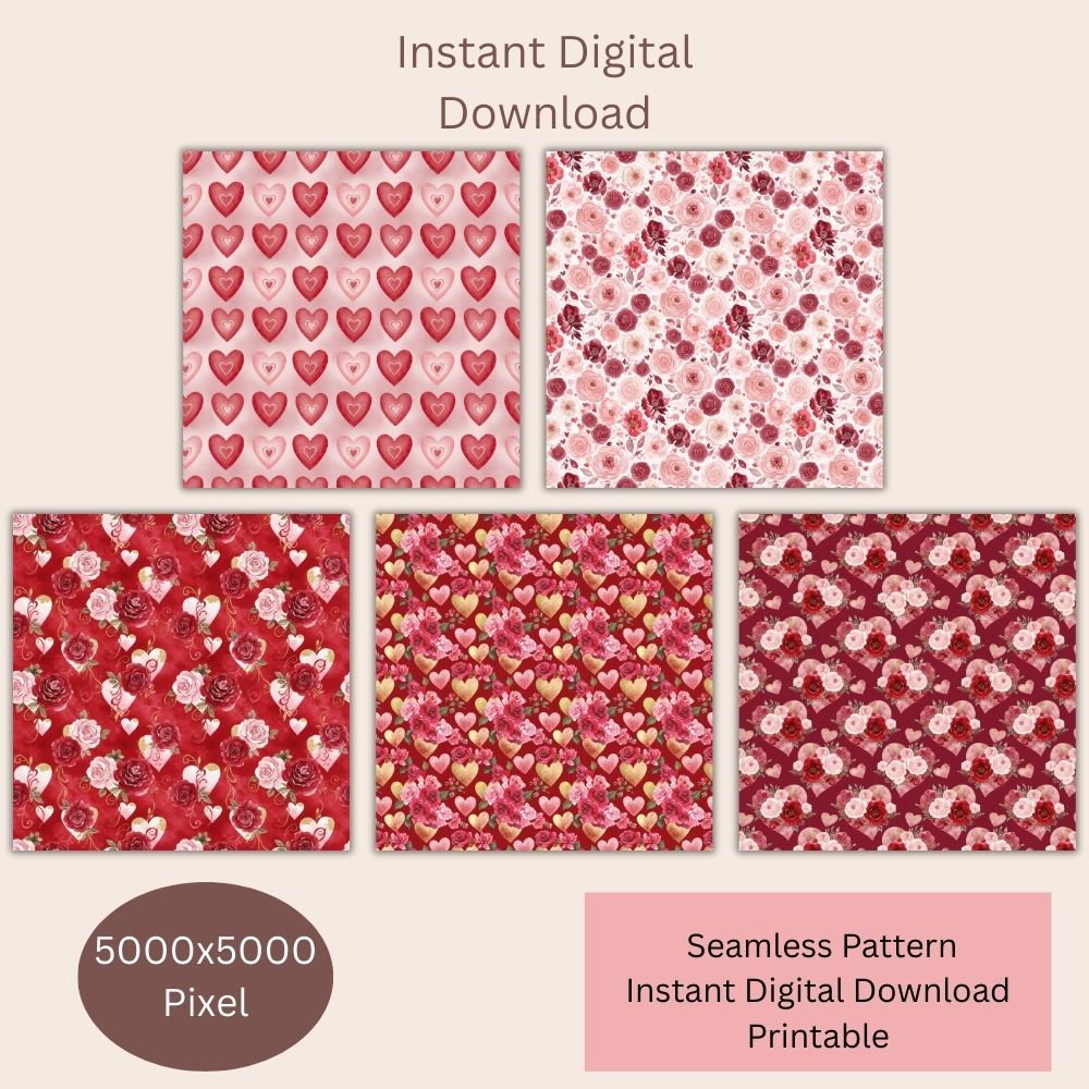 Valentines Floral & Hearts Seamless Repeating Pattern Paper Bundle Set