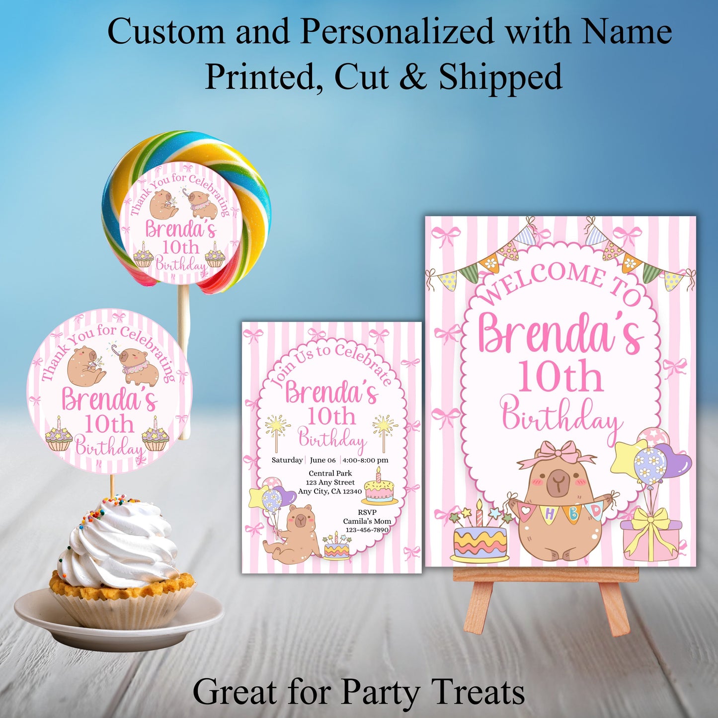 Pink Capybara Birthday Party Sticker Labels