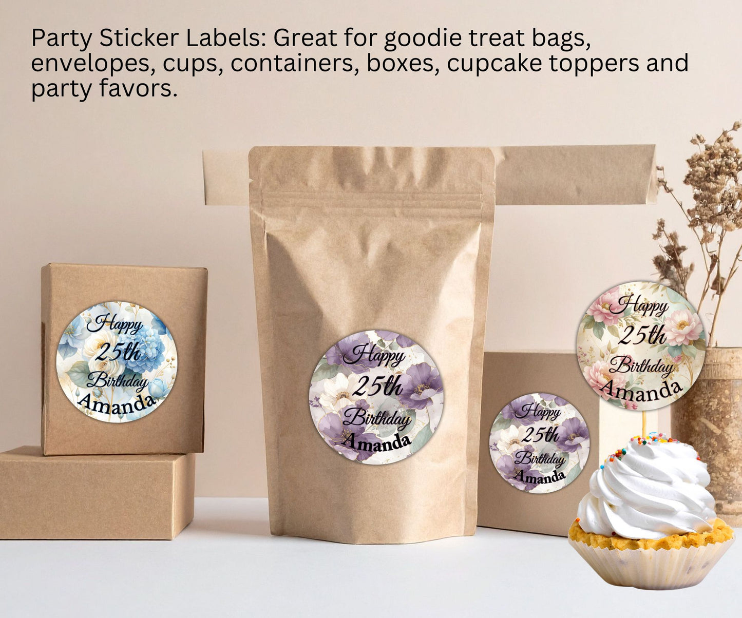 Elegant Floral Custom Personalized Happy Birthday Party Favor Sticker Labels