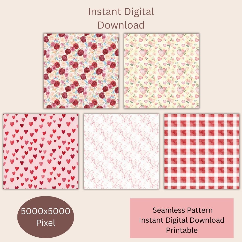 Hearts and Floral Seamless Repeating Pattern Paper Bundle Set
