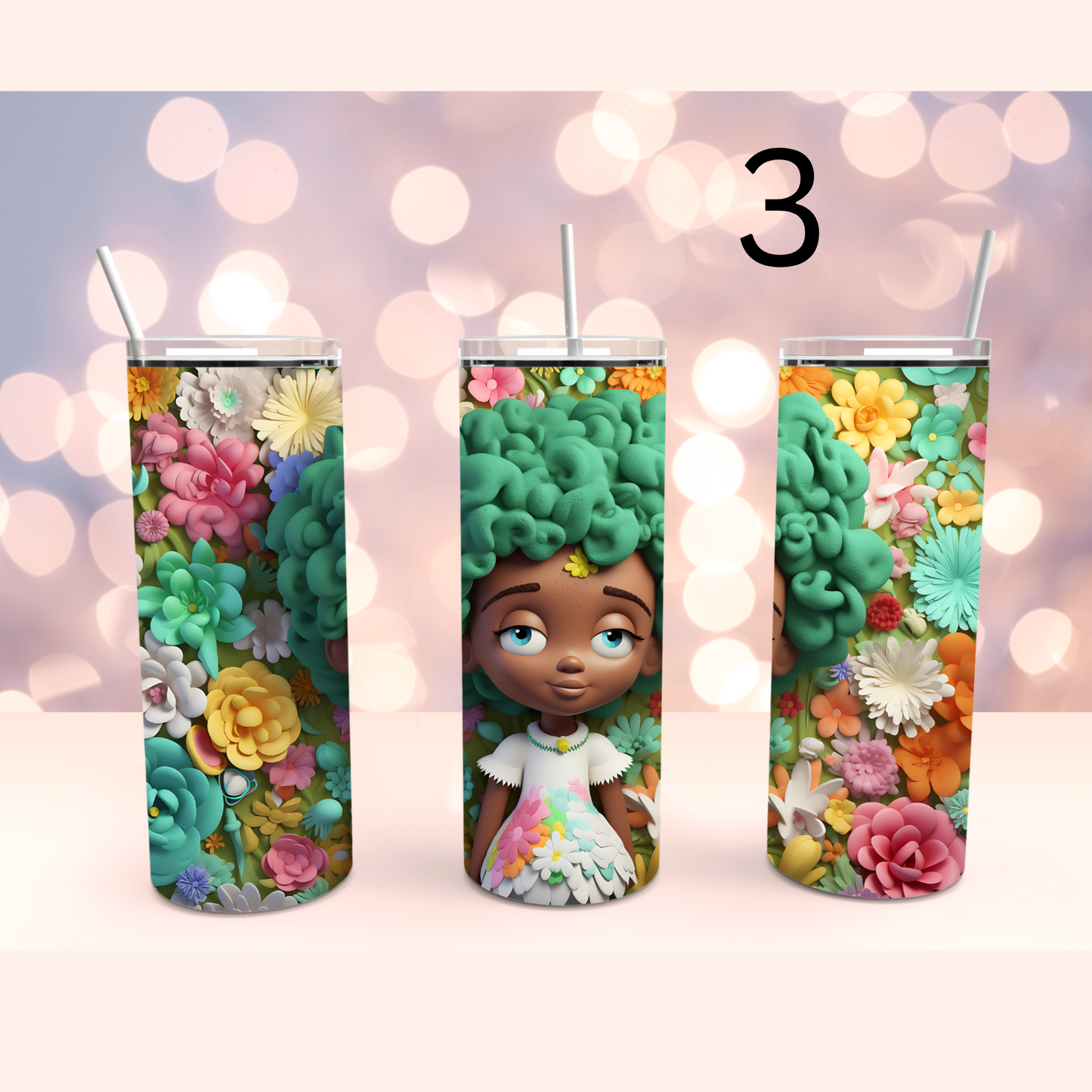 Cute African American Girl 3D Floral Stainless Steel Tumbler Cup