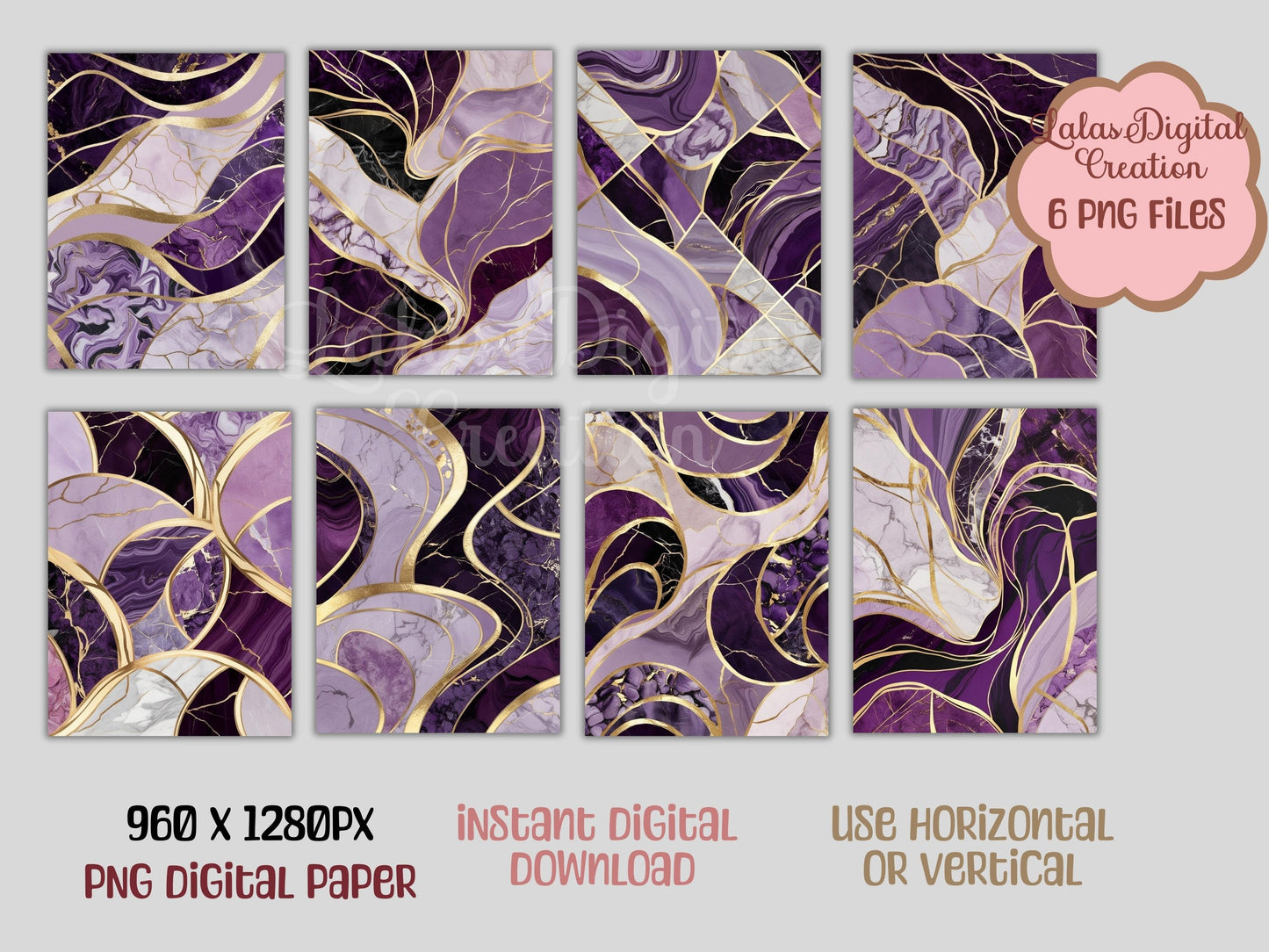 Purple and Gold Marble Digital Pattern Paper Bundle